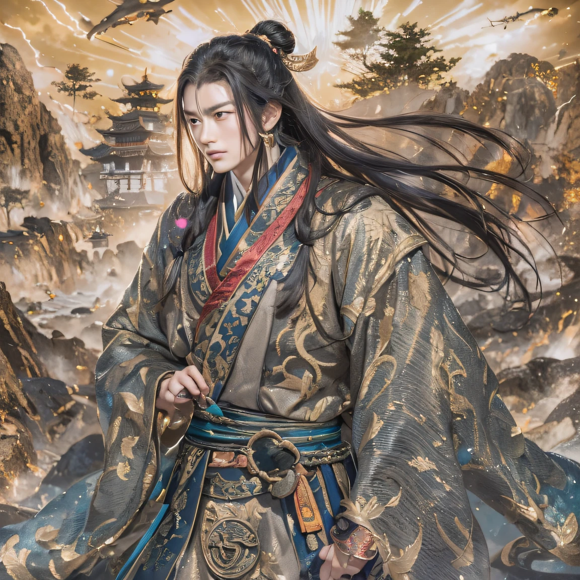 Qin Yu flew into the Immortal Demon Realm, I met Liu Hanshu by chance, He saw in him his former self, It was decided to take him as an apprentice, Teach him how to protect himself, But because of the Tibetan star map, He forged a relationship with the Liu family and the Jade Sword Sect, It opens with the death of Liu Hanshu, Qin Yu embarked on the road of confrontation with a strong enemy, Work hard, Make yourself stronger, Stick to his central way of justice, I also want to protect the people I care about, The three brothers soared into the sky, And embarked on a long journey to find a good brother, Qin Yu, Where are Xiao Hei and Hou Fei(canyons)Climb the streets(Doomsday Stream)eyes filled with angry,He clenched his fists,Rush up,Deliver a fatal blow to your opponent,full bodyesbian,Full Body Male Mage 32K(Masterpiece Canyon Ultra HD)Long flowing black hair,Campsite size,zydink, The wounded lined up in the streets(canyons)Climb the streets, The scene of the explosion(canyons), (Linen batik scarf), Angry fighting stance, looking at the ground, Batik linen bandana, Chinese python pattern long-sleeved garment, canyons(Abstract propylene splash:1.2), Dark clouds lightning background,Flour flies(realisticlying:1.4),Black color hair,Flour fluttering,rainbow background, A high resolution, the detail, RAW photogr, Sharp Re, Nikon D850 Film Stock Photo by Jefferies Lee 4 Kodak Portra 400 Camera F1.6 shots, Rich colors, ultra-realistic vivid textures, Dramatic lighting, Unreal Engine Art Station Trend, cinestir 800,Flowing black hair,(((Colorful canyon)))The wounded lined up in the streets(canyons)Climb the streets,