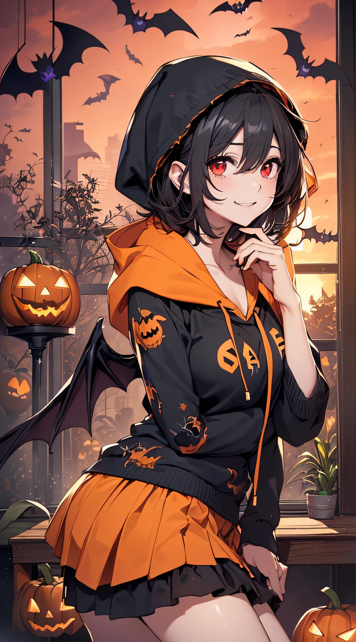 top-quality、Top image quality、masterpiece、teens girl((18year old,Succubus、Black and orange tattered tank top,Tattered orange and black short skirt、Tattered orange short-sleeved hoodie、Wearing a hood,Best Bust、Bust 85、A dark-haired、Longhaire,Red Eyes、open chest wide、Valley、Happiness、A slender、Blood coating、Leaning forward、Prank、Black wings、Pampering、Emphasis on the chest、clow pose、Bats tattoo、Turning around、A smile))hiquality、Beautiful Art、Background with((window、Red sky、Halloween at night、the bats、pumpkins,Nightmare、Inside the Halloween venue、Wooden table、Wooden chair))、masutepiece、Elaborate design、visualart、Theatrical films