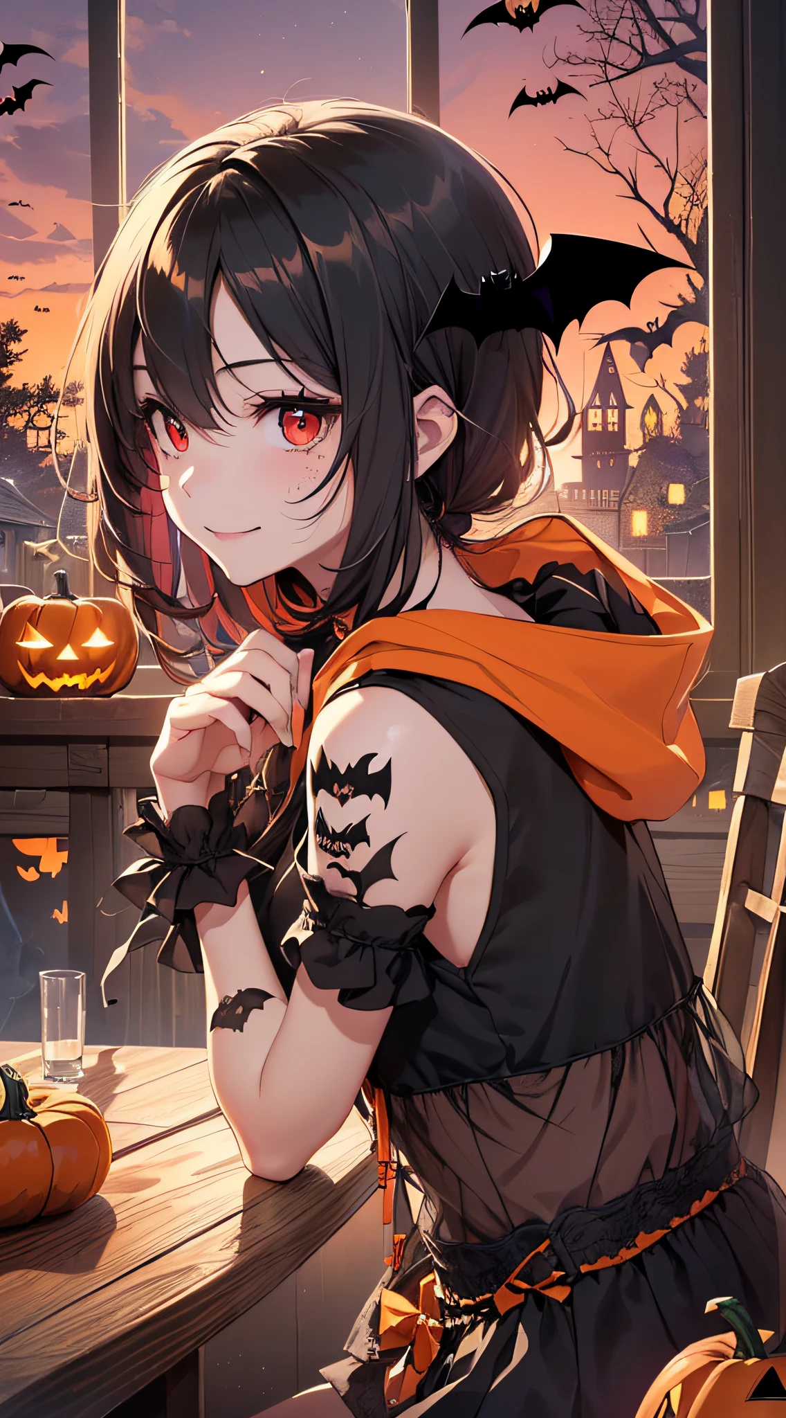 top-quality、Top image quality、masterpiece、teens girl((18year old,Succubus、Black and orange tattered tank top,Tattered orange and black short skirt、Tattered orange short-sleeved hoodie、Wearing a hood,Best Bust、Bust 85、A dark-haired、Longhaire,Red Eyes、open chest wide、Valley、Happiness、A slender、Blood coating、Leaning forward、Prank、Black wings、Pampering、Emphasis on the chest、Crow gesture、Bats tattoo、A smile、low angles))hiquality、Beautiful Art、Background with((natta、window、Red sky、Halloween at night、the bats、pumpkins,Nightmare、Inside the Halloween venue、Wooden table、Wooden chair、red wine))、masutepiece、Elaborate design、visualart、Theatrical films