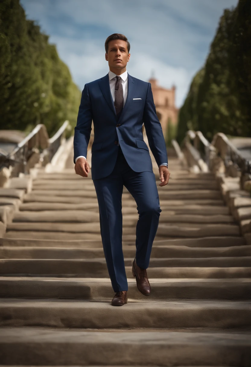 A man in a suit and tie steps on a small toy, [ foto realista ]!!, Walk Down, About to step on you, Focus on your leg, One leg is raised off the ground, standing on two legs, Two-legged, Can you believe it,, illustartion, Trampled, The Man Walking, promotional photo, Small Steps, Leading Down