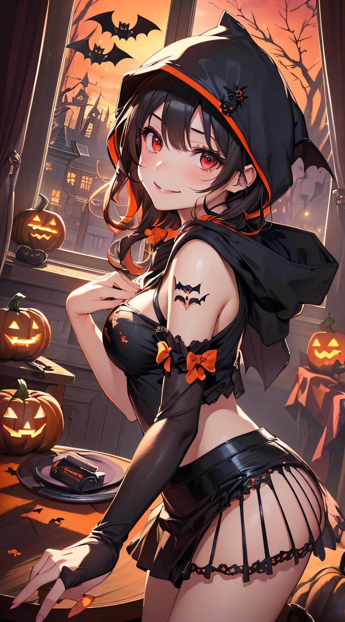 top-quality、Top image quality、​masterpiece、teens girl((18year old,Succubus、Black and orange tattered tank top,Tattered orange and black short skirt、Tattered orange short-sleeved hoodie、Wearing a hood,Best Bust、Bust 85、A dark-haired、Longhaire,Red Eyes、open chest wide、Valley、Happiness、A slender、Blood coating、Leaning forward、Prank、Black wings、Pampering、Emphasis on the chest、clow pose、Bats tattoo、Turning around、A smile)）hiquality、Beautiful Art、Background with((natta、window、Red sky、Halloween at night、the bats、pumpkins,Nightmare、Inside the Halloween venue、Wooden table、Wooden chair、Red wine))、masutepiece、Elaborate design、visualart、Theatrical films