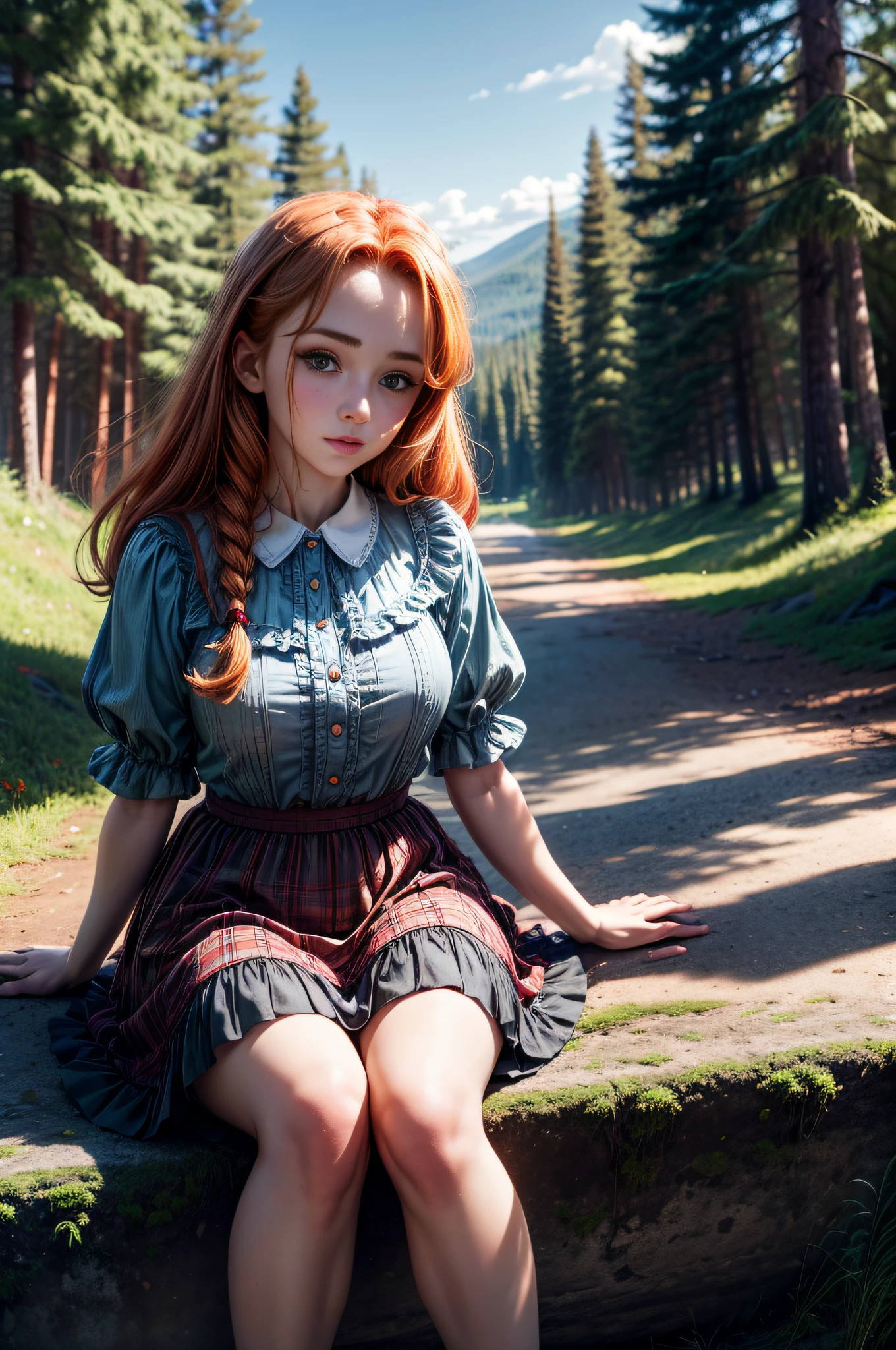 8k, masterpiece, lolita, ginger hair, ginger eyebrows, she's looking at us, Sunlit, Frolicking happily, Dress with skirt, blue/red dress, frickles, pine forrest on a windy day, sunlit day, Sitting on a stone, marking on us