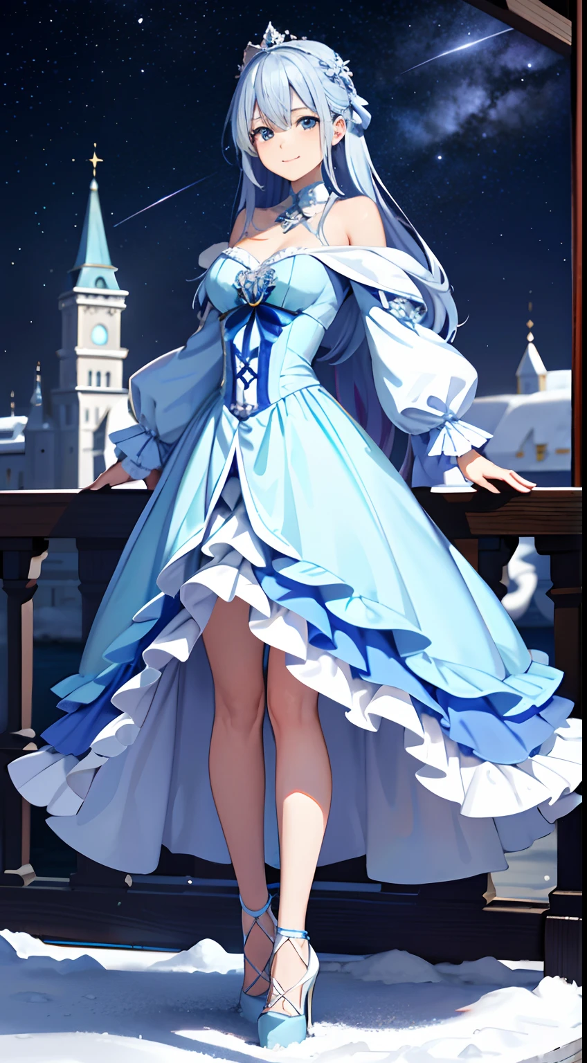 A girl,adorable smiling、Long, flowing blue hair,Blue Gradient Hair Color,Wear a gorgeous lilac Lolita dress,high-heels、snowscape、Behind it is a silvery-white castle covered in snow,night starly sky,meteor shower,Galactic,Delicate facial features,Delicate costume depiction