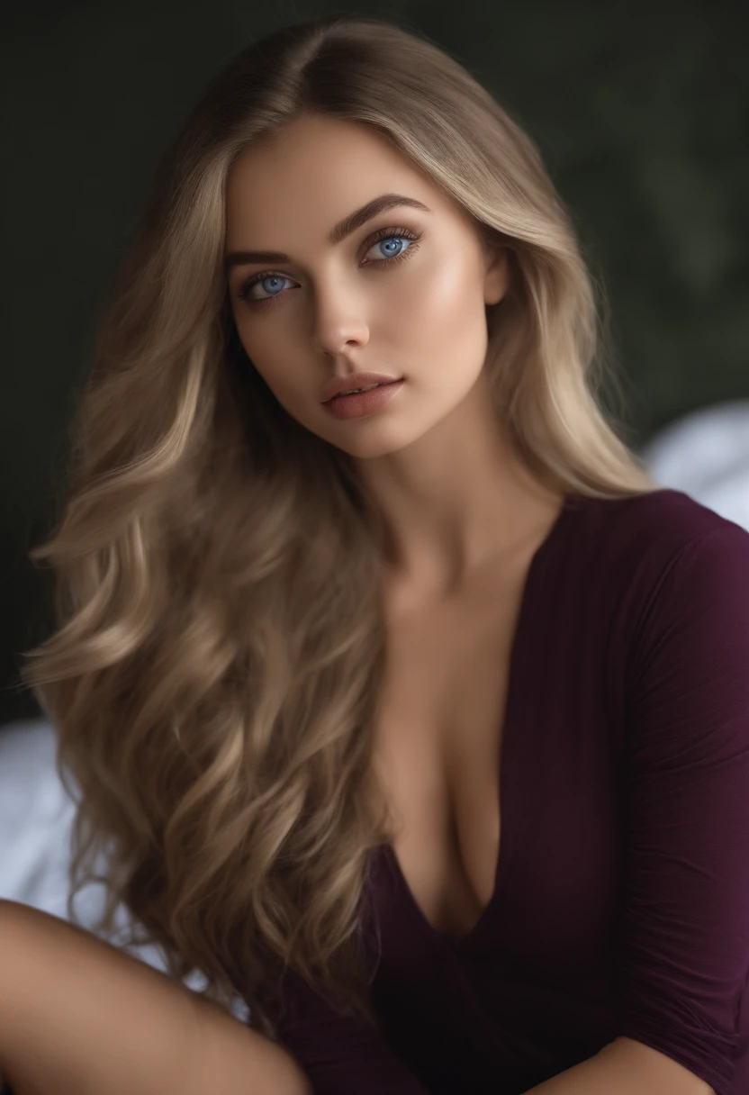 arafed woman fully , sexy girl with blue eyes, ultra realistic, meticulously detailed, portrait sophie mudd, blonde hair and large eyes, selfie of a young woman, bedroom eyes, violet myers, without makeup, natural makeup, looking directly at the camera, face with artgram, subtle makeup, stunning full body shot kneeling on bed, in bedroom, medium to large size bust