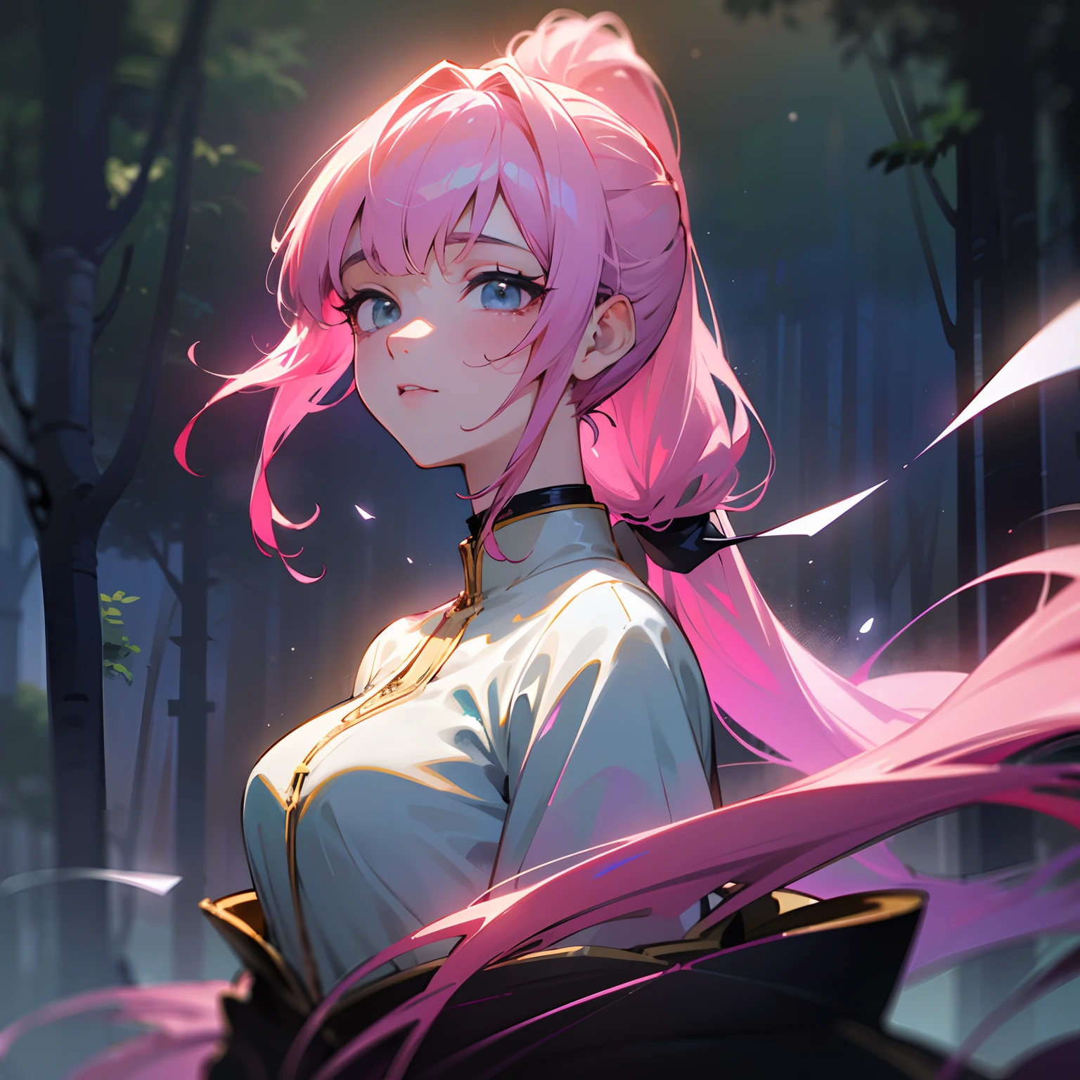 (best quality,4k,8k,highres,masterpiece:1.2), good composition, ultra-detailed,anime styled, beautiful, ethereal, waifu, portrait,psychic aura,vibrant pink hair in a long ponytail, deep eyes,ethereal gown,enchanting forest background,landscape,moonlit backdrop,soft focus