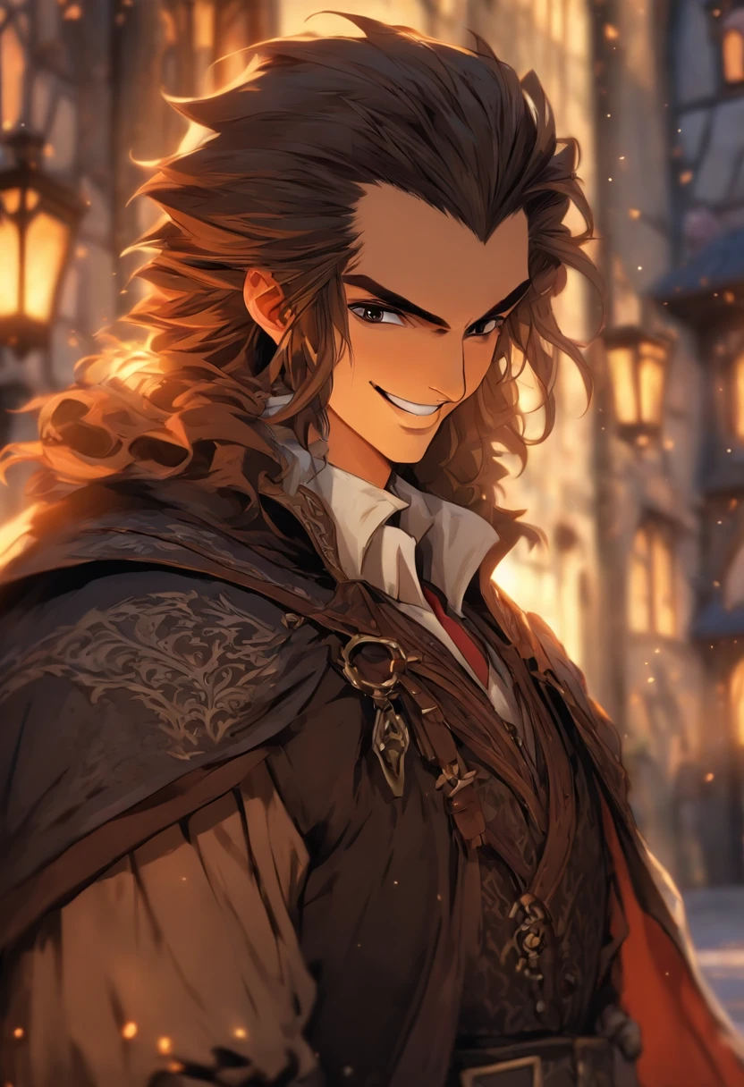 High quality, 8k Resolution, ultra detailed, handsome face, 1man, male focus, ((kind smile)), looking at viewer, portrait, (((human Strahd von Zarovich))), soft lighting, relaxed pose, hero, (kind features), messy brown hair, nobleman clothing, (medieval town background), laughing, smiling