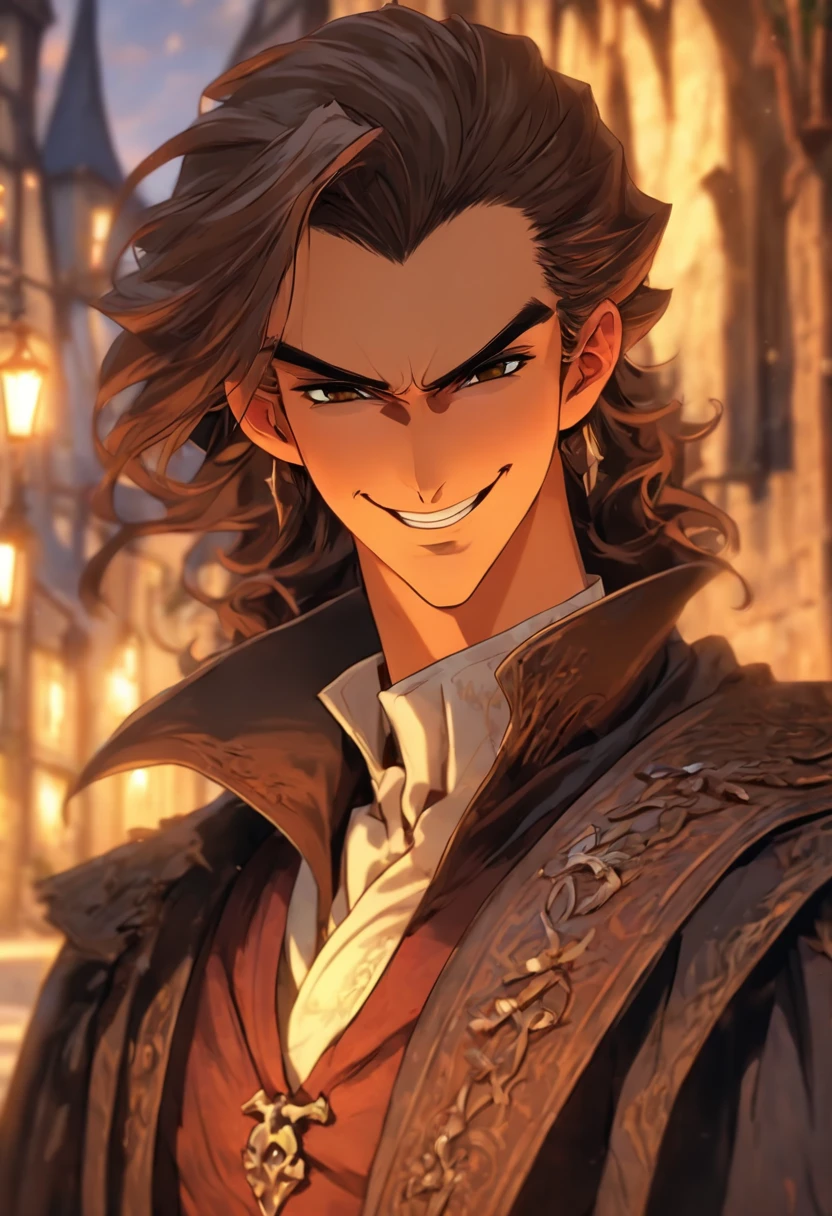 High quality, 8k Resolution, ultra detailed, handsome face, 1man, male focus, ((kind smile)), looking at viewer, portrait, (((human Strahd von Zarovich))), soft lighting, relaxed pose, hero, (kind features), messy brown hair, nobleman clothing, (medieval town background), laughing, smiling