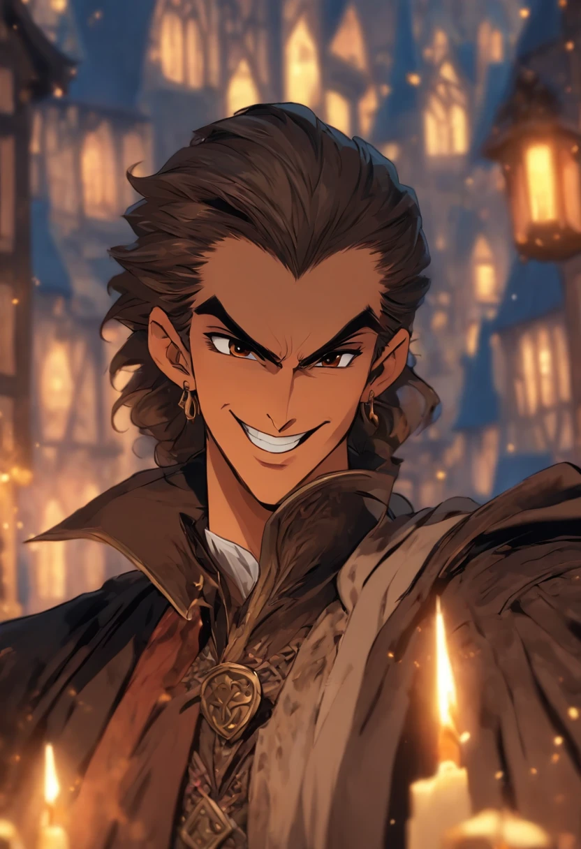 High quality, 8k Resolution, ultra detailed, handsome face, 1man, male focus, ((kind smile)), looking at viewer, portrait, (((human Strahd von Zarovich))), soft lighting, relaxed pose, hero, (kind features), messy brown hair, nobleman clothing, (medieval town background), laughing, smiling