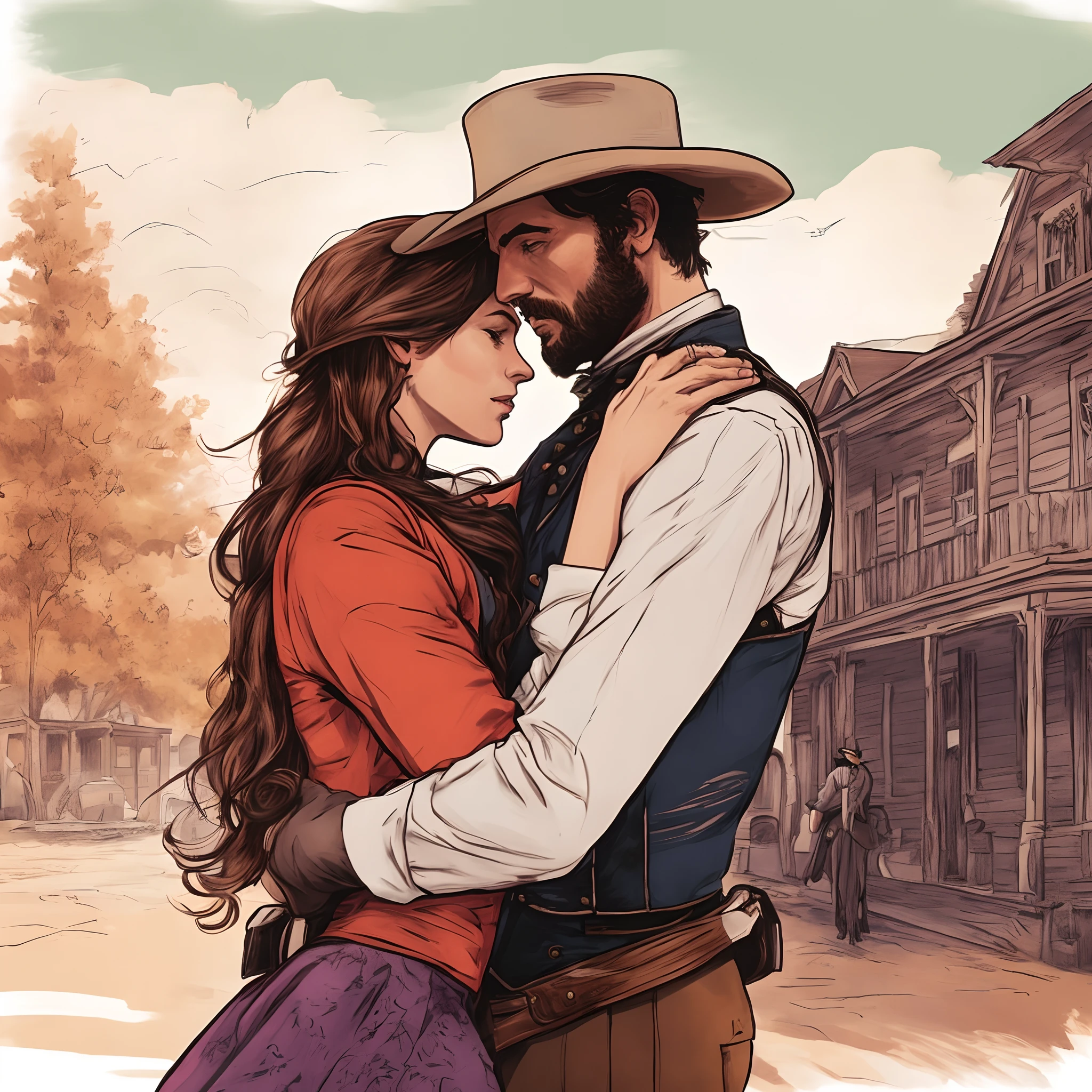 a drawing of a man and woman hugging in front of a building, red dead redemption art style, oldwest, in the old west, old west, old west town, inspired western comic, western town, western comic book style, western comic style, beautiful illustration, romance novel cover, in a wild west town, western comic art, by Relja Penezic