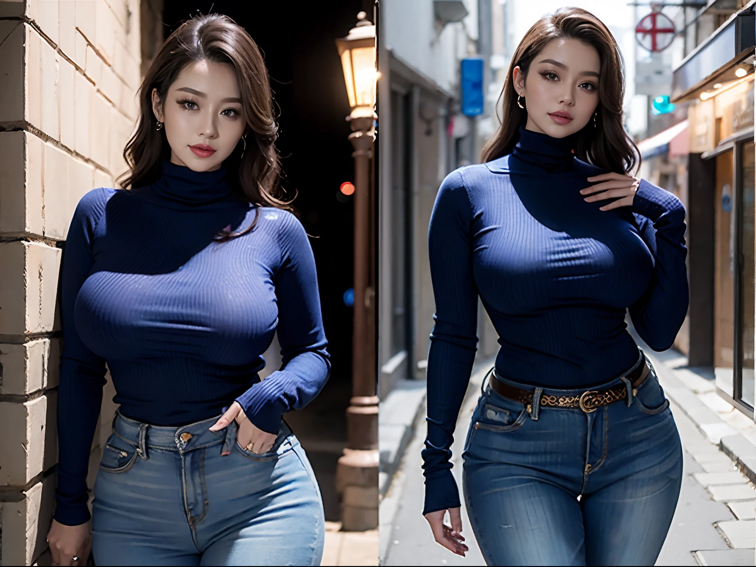 ​masterpiece, top-quality、Sexy woman in Blue turtleneck tops with big breasts、jeans、curvy, wide hips, sexy poses in backalley at night、Modern metropolis