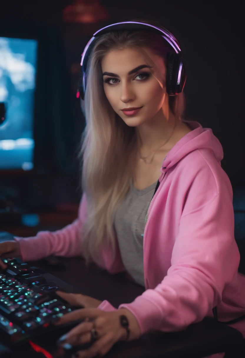 young, attractive gamer girl, E-girl with gaming setup and sexy comfy clothes