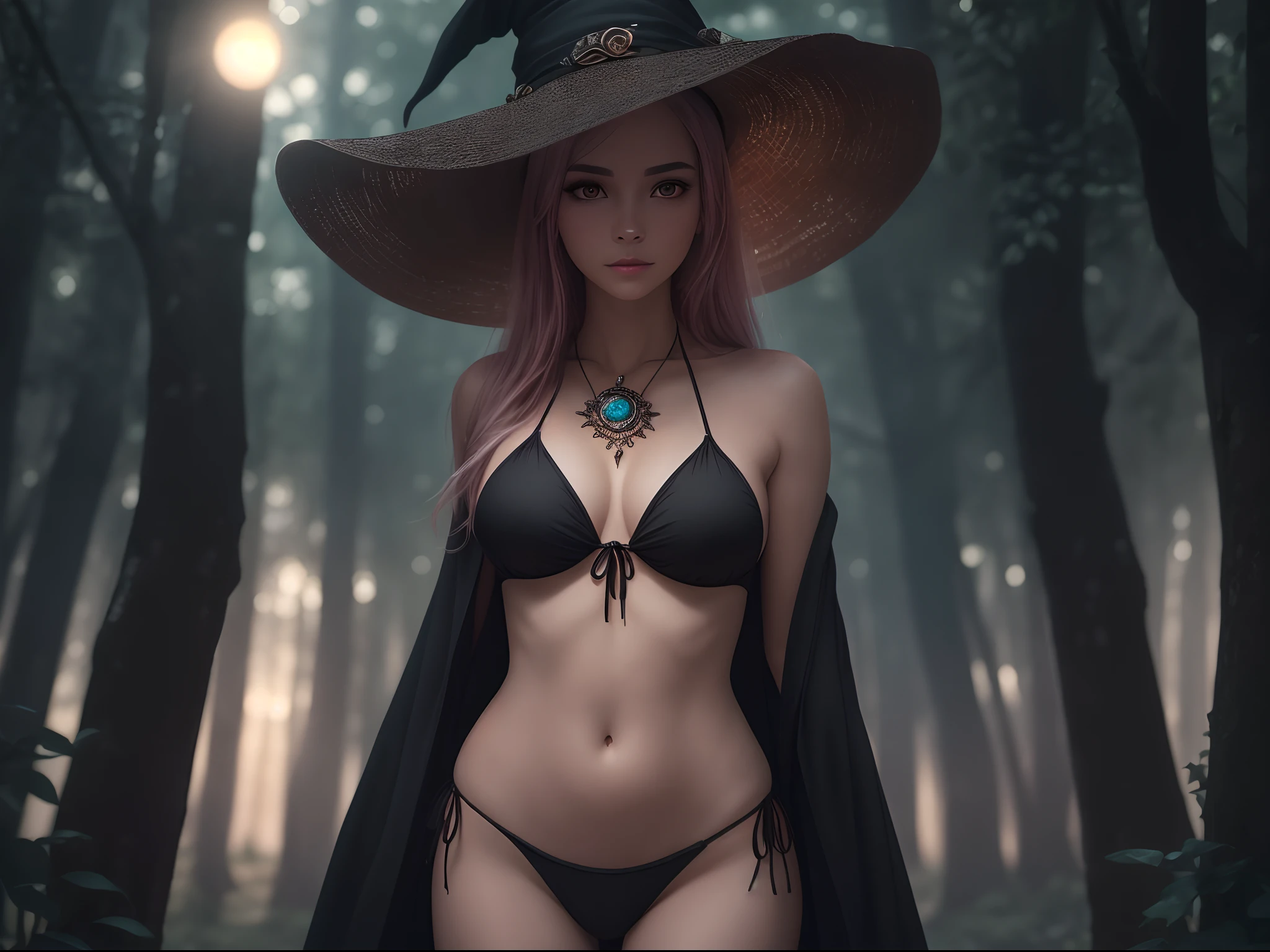 One person, High quality, masterpiece, Long Shot, ultra realistic detailed photograph Anna, standing in the middle of a spooky forest at night, the pumpkin decoration lights up, a mystical aura enveloped the body, darkness, wearing a bikini, wearing a black robe and witch hat, straight hair, pink lips, ultra realistic beautiful face, detailed symmetrical eyes with a round iris, slim body, aesthetic body, fair skin, perfect finger, perfect anatomy, 8k quality, high quality background, ultra detailed scenery, ultra sharp focus, unzoom image, HD Crisp Upscaled Image, 8k quality, sunlight, cinematic light. --auto --s2