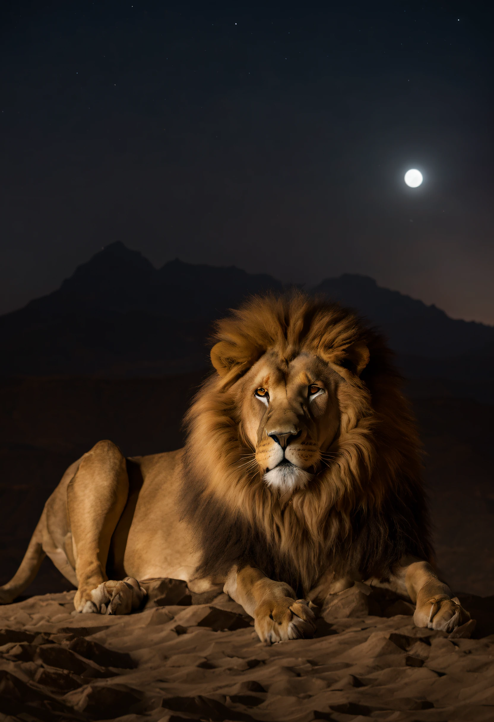 [giant lion, in the desert at night], No estilo de Mark Brooks, prata clara e ouro claro e azul escuro, alta resolução,Câmera Canon EOS-1DX Mark III --v5.2