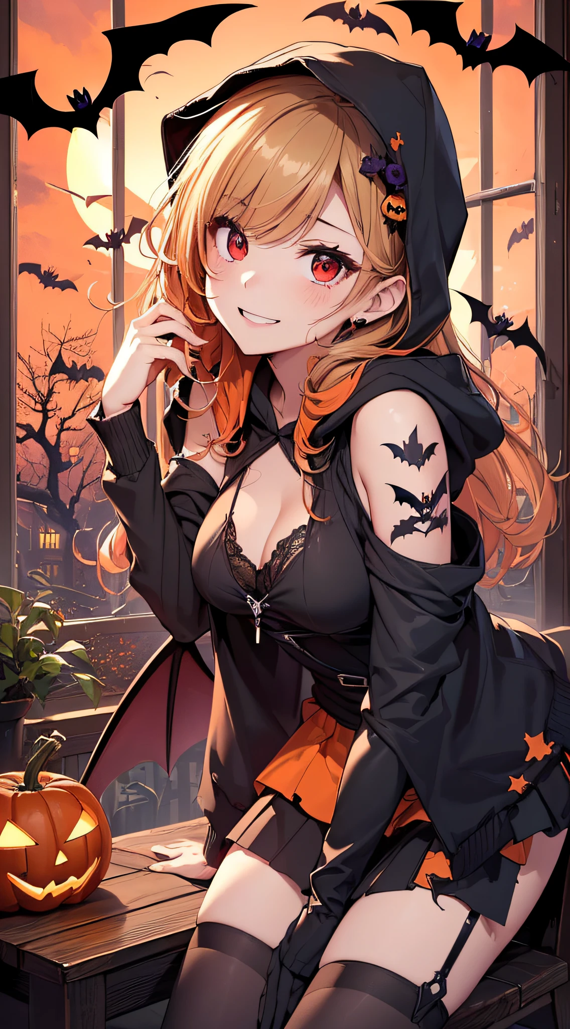 top-quality、Top image quality、masterpiece、teens girl((18year old,Succubus、Black and orange tattered tank top,Tattered orange and black short skirt、Tattered orange short-sleeved hoodie、Wearing a hood,Best Bust、Bust 85、A dark-haired、Longhaire,Red Eyes、open chest wide、Valley、Happiness、A slender、Blood coating、Leaning forward、Prank、Black wings、Pampering、Emphasis on the chest、Crow's gesture、Bats tattoo、A smile))hiquality、Beautiful Art、Background with((natta、window、Red sky、Halloween at night、the bats、pumpkins,Nightmare、Inside the Halloween venue、Wooden table、Wooden chair、red wine))、masutepiece、Elaborate design、visualart、Theatrical films