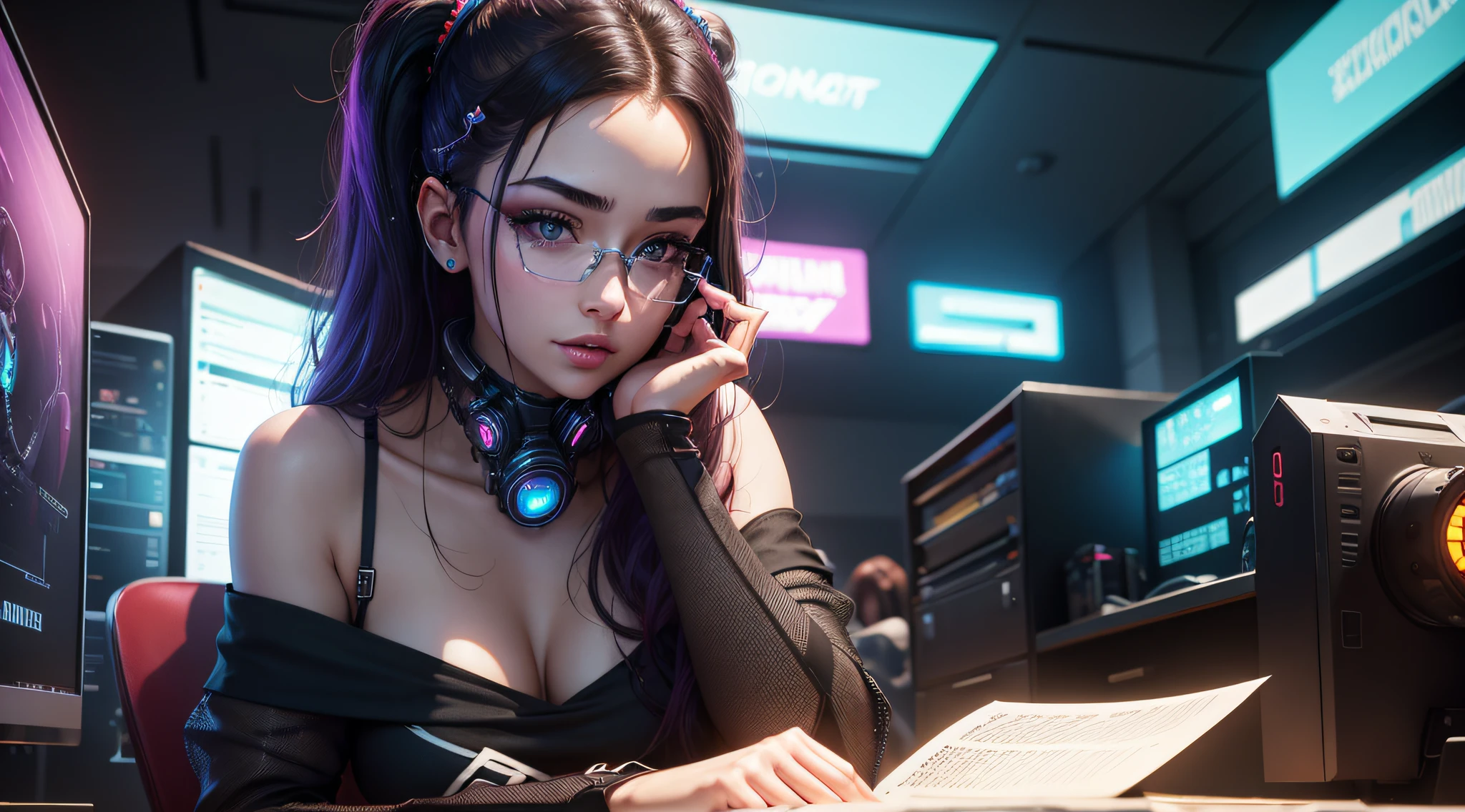 Girls who are reading and studying, female students, there is a computer in the room, sweet-looking, willow eyebrows, Big eyes, girls with delicate facial features, girls sitting at the computer desk live broadcast, detail portrayal, infinite details, Tindall Effect, Ultra Definition, Cyberpunk style, Character Tracing, Ray tracing, Modern women, high value, Beauty, Intellectual beauty, (Cyberpunk style), (cosmopolitan beauty), (Sexy), (Seductive) (Off-the-shoulder)
