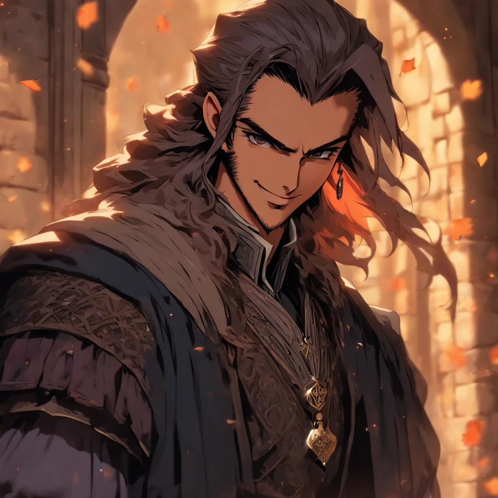High quality, 8k Resolution, ultra detailed, handsome face, 1man, male focus, ((kind smile)), looking at viewer, portrait, (((human Strahd von Zarovich))), soft lighting, relaxed pose, hero, (kind features), messy brown hair, nobleman clothing, (medieval town background), laughing, smiling, ((artstyle of the Vox Machina anime)), character is not glaring at viewer, very relaxed look at viewer, soft gaze