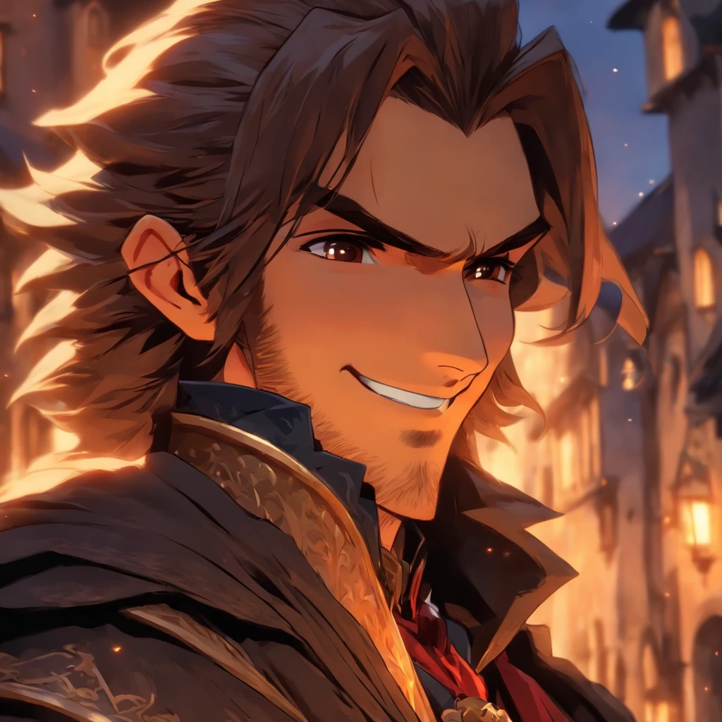High quality, 8k Resolution, ultra detailed, handsome face, 1man, male focus, ((kind smile)), looking at viewer, portrait, (((human Strahd von Zarovich))), soft lighting, relaxed pose, hero, (kind features), messy brown hair, nobleman clothing, (medieval town background), laughing, smiling, ((artstyle of the Vox Machina anime)), character is not glaring at viewer, very relaxed look at viewer, soft gaze