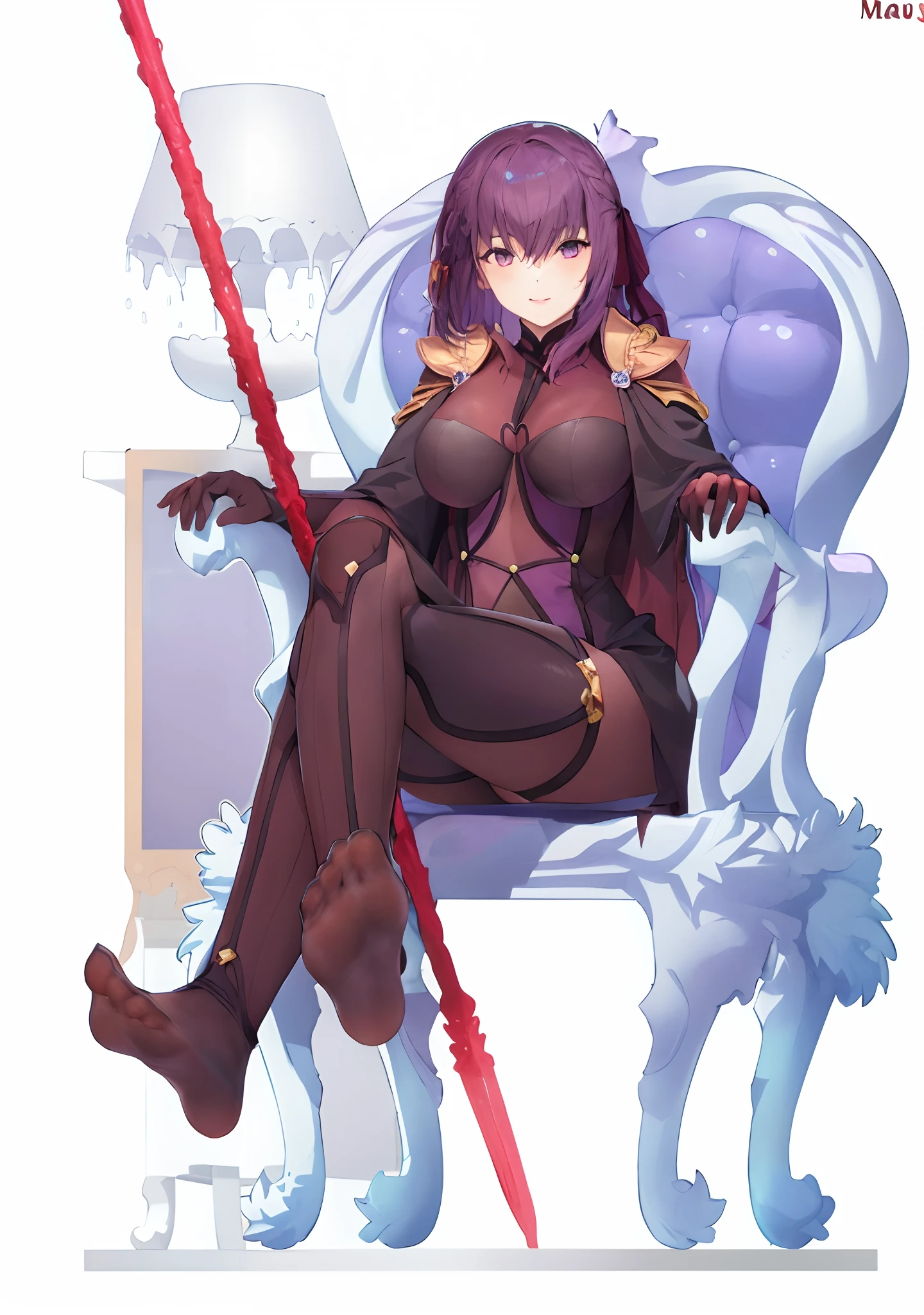 ((Sakura Matou)), anime girl sitting on a chair, ((purple hair)), feet, best quality, high quality, 8k, high-tech suit, (red ribbon),