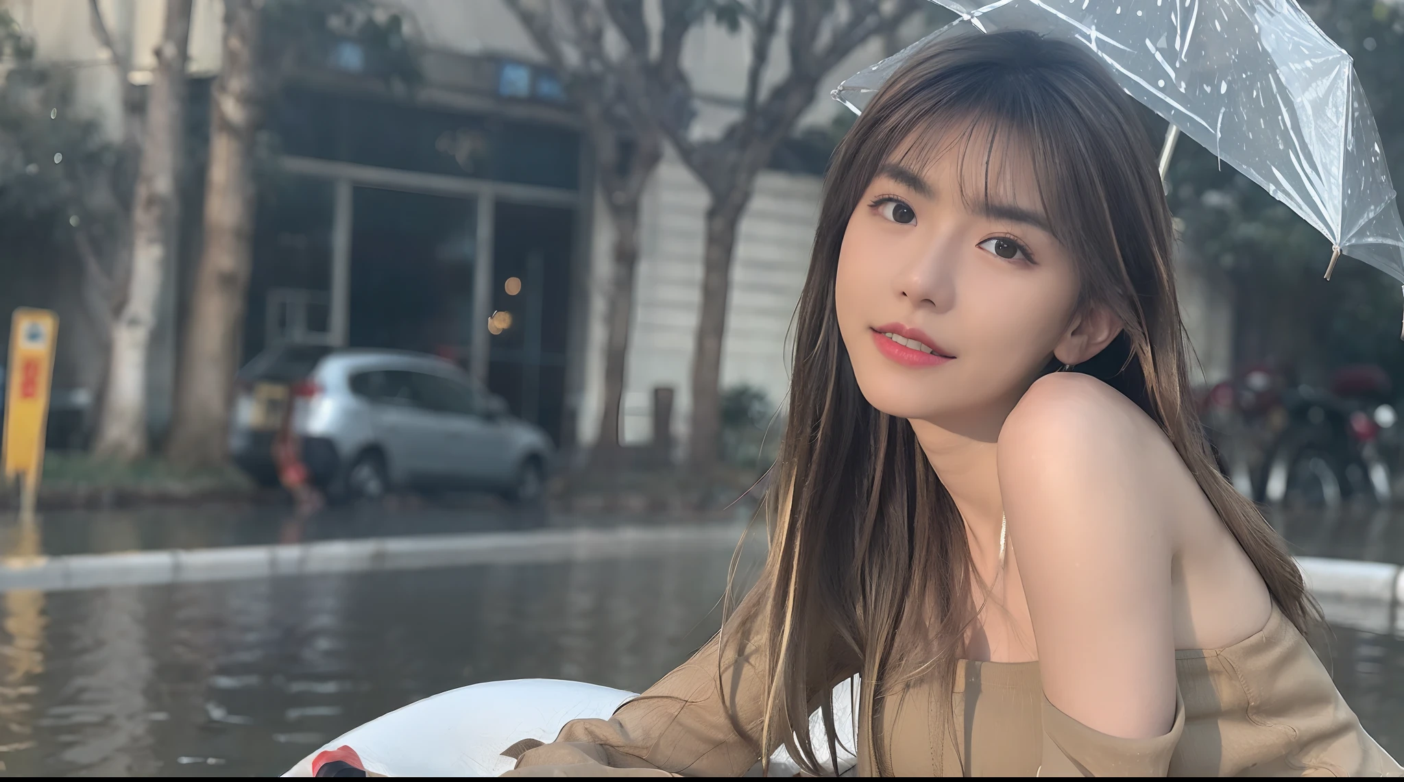 ((Best Quality, 8K, Masterpiece:1.3)), Focus: 1.2, Perfect Body Beauty: 1.4, Buttocks: 1.2, ((Layered Haircut, Breasts: 1.2)), (Wet Clothes: 1.1) , (Rain, Street:1.3), Bandeau Dress: 1.1, Highly Detailed Face and Skin Texture, Delicate Eyes, Double Eyelids, Whitened Skin, Long Hair