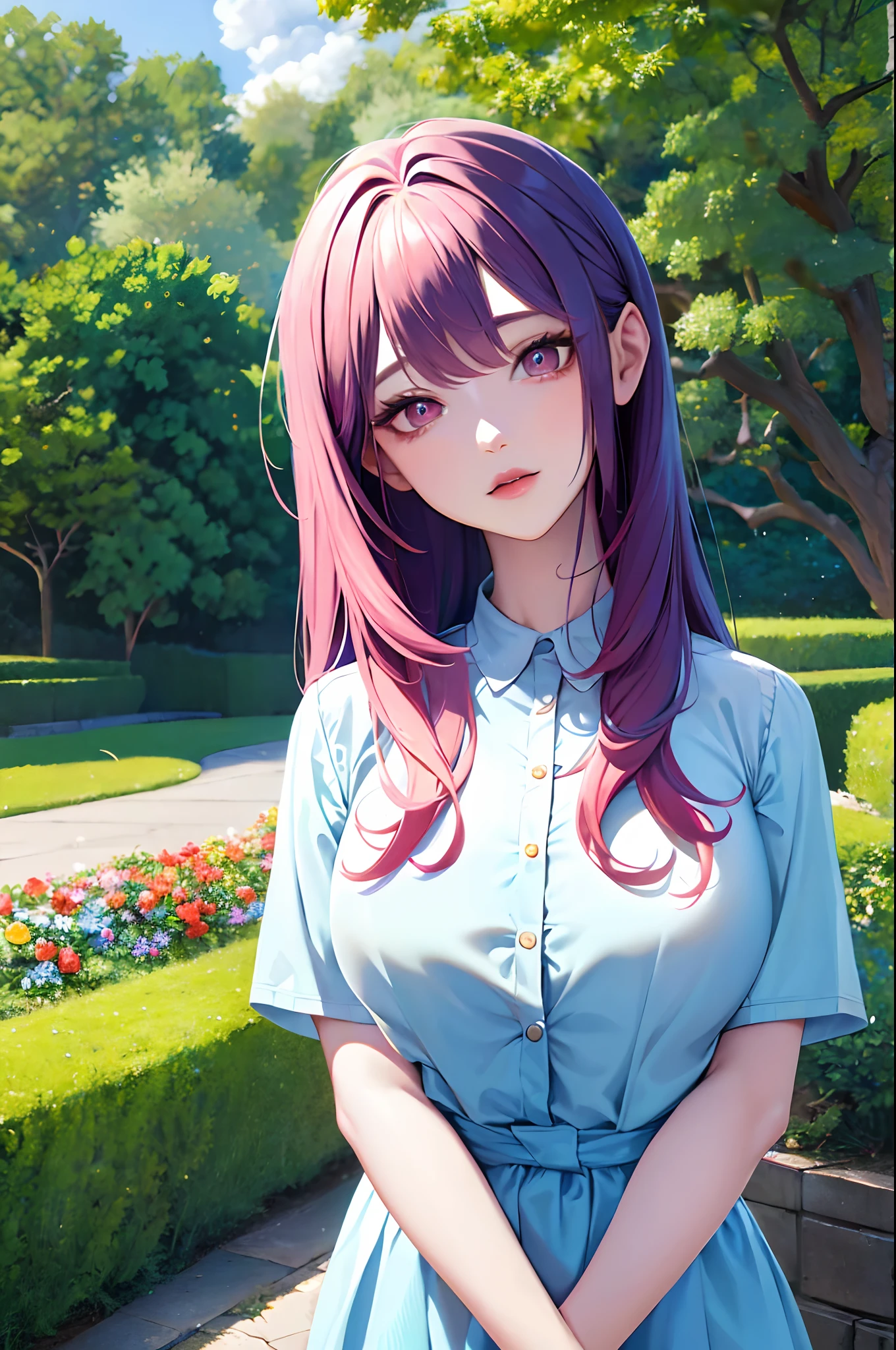 Absurdres, Masterpiece, Best quality, light colors, pastel colors, 1 girl , korean, Beautiful face, reddish lips , skyblue hair with side bangs, big eyes, light orange eyes, wearing casual clothes, surrounded by blue flowers, garden background, detailed scenery