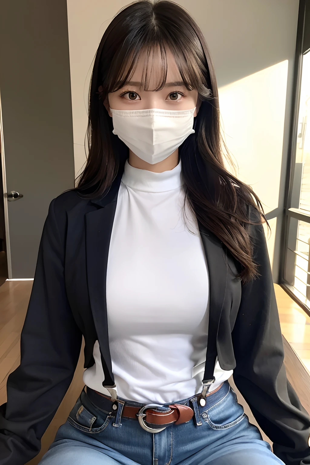 ​masterpiece、top-quality、The ultra -The high-definition、、colourfull、flat-colors、depth of fields、lens flare 1 girl、、A dark-haired、watching at viewers　holster　bobby　Cutter shirt　a belt　suspenders　working adults　materia　OL　　Black jacket　glares　large full breasts　JINS　jeans　 Face sitting
Waiting to start　masks