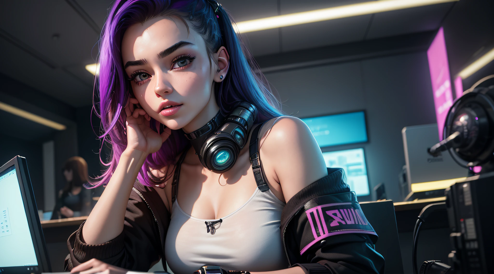 Girls who are reading and studying, female students, there is a computer in the room, sweet-looking, willow eyebrows, Big eyes, girls with delicate facial features, girls sitting at the computer desk live broadcast, detail portrayal, infinite details, Tindall Effect, Ultra Definition, Cyberpunk style, Character Tracing, Ray tracing, Modern women, high value, Beauty, Intellectual beauty, (Cyberpunk style), (cosmopolitan beauty), (Sexy), (Seductive) (Off-the-shoulder)