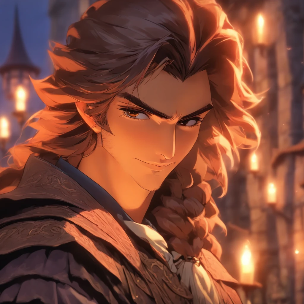 High quality, 8k Resolution, ultra detailed, 1man, male focus, ((kind smile)), looking at viewer, portrait, (((human Strahd von Zarovich))), soft lighting, relaxed pose, (kind features), messy brown hair, nobleman clothing, (medieval town background), ((artstyle of the Vox Machina anime)), character is not glaring at viewer, very relaxed look at viewer, soft gaze, romantic features,