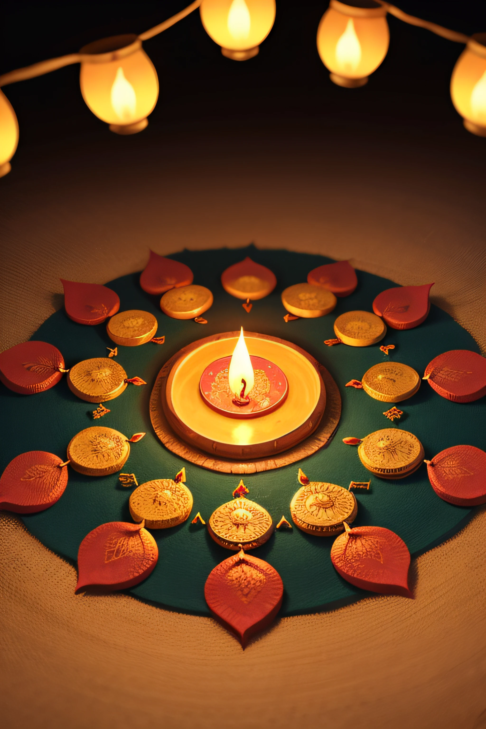 Oil lamps lit on colorful rangoli during diwali celebration