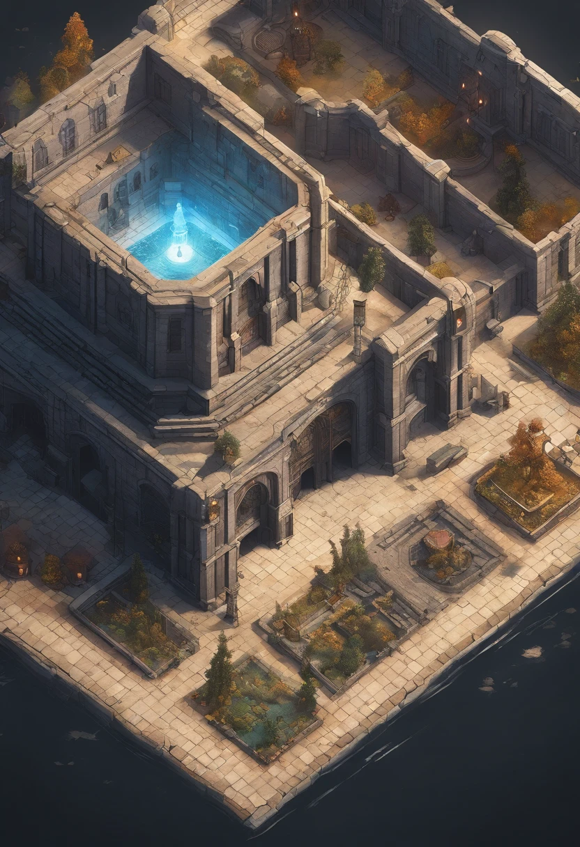 birdseye straight top-down shot from a drone, battlemap of a underground science prison, (massive dark magical roots sprouting from west:1.2), (black necrotic magic in the air:1.2), fire ice and thunder, dungeons and dragons, final fantasy, game art, (coherent architecture and interior, with realistic proportions and textures, intricate details, handdrawn, vibrant, cinematic lighting, masterpiece, 8k:1.2)