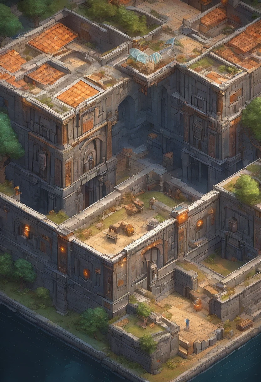 birdseye straight top-down shot from a drone, battlemap of a underground science prison, (massive dark magical roots sprouting from west:1.2), (black necrotic magic in the air:1.2), fire ice and thunder, dungeons and dragons, final fantasy, game art, (coherent architecture and interior, with realistic proportions and textures, intricate details, handdrawn, vibrant, cinematic lighting, masterpiece, 8k:1.2)