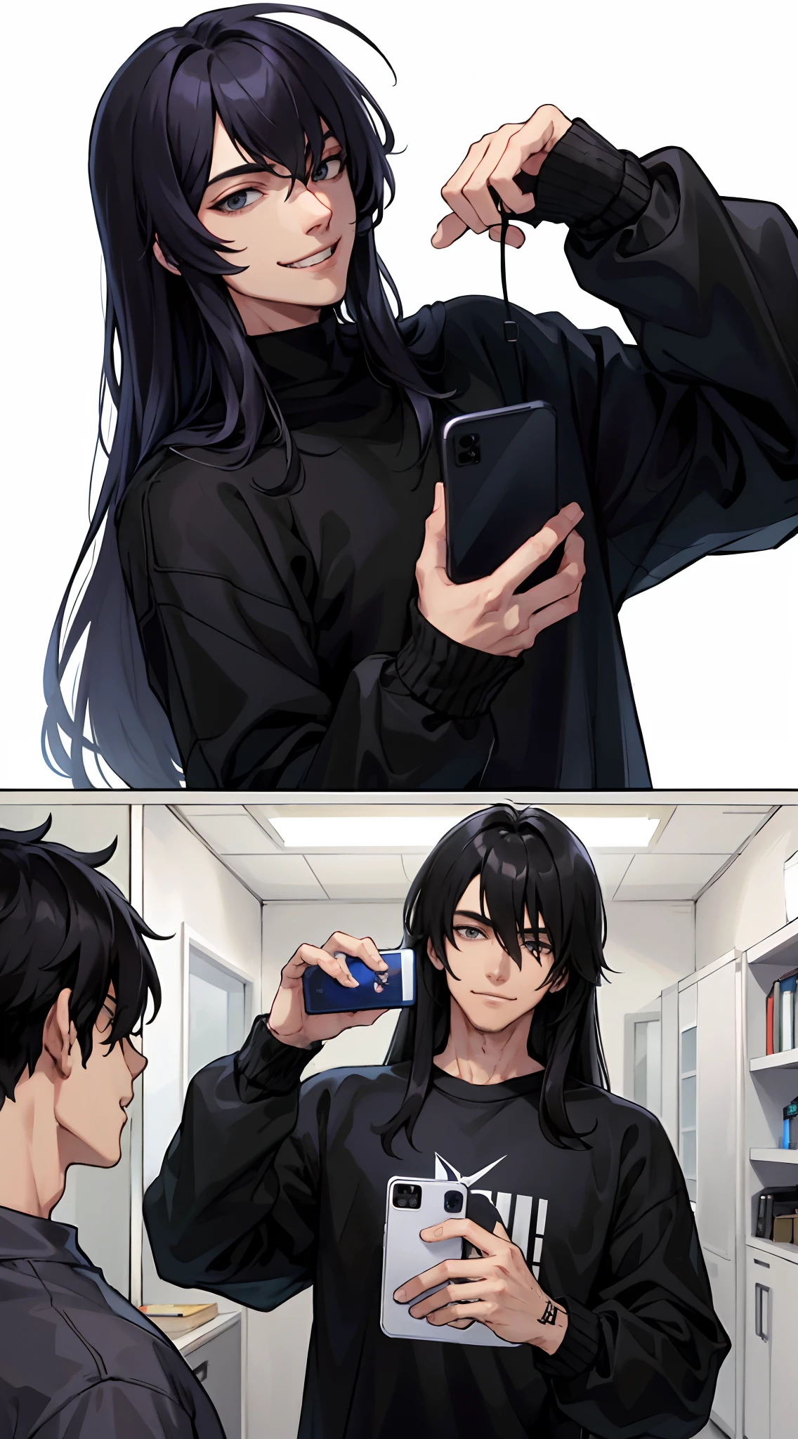 A handsome boy, 20 years old, a psychopath face, evil smile, hair is long, long hair with bangs, wearing a black sweatshirt, and holding a mobile phone in his hand