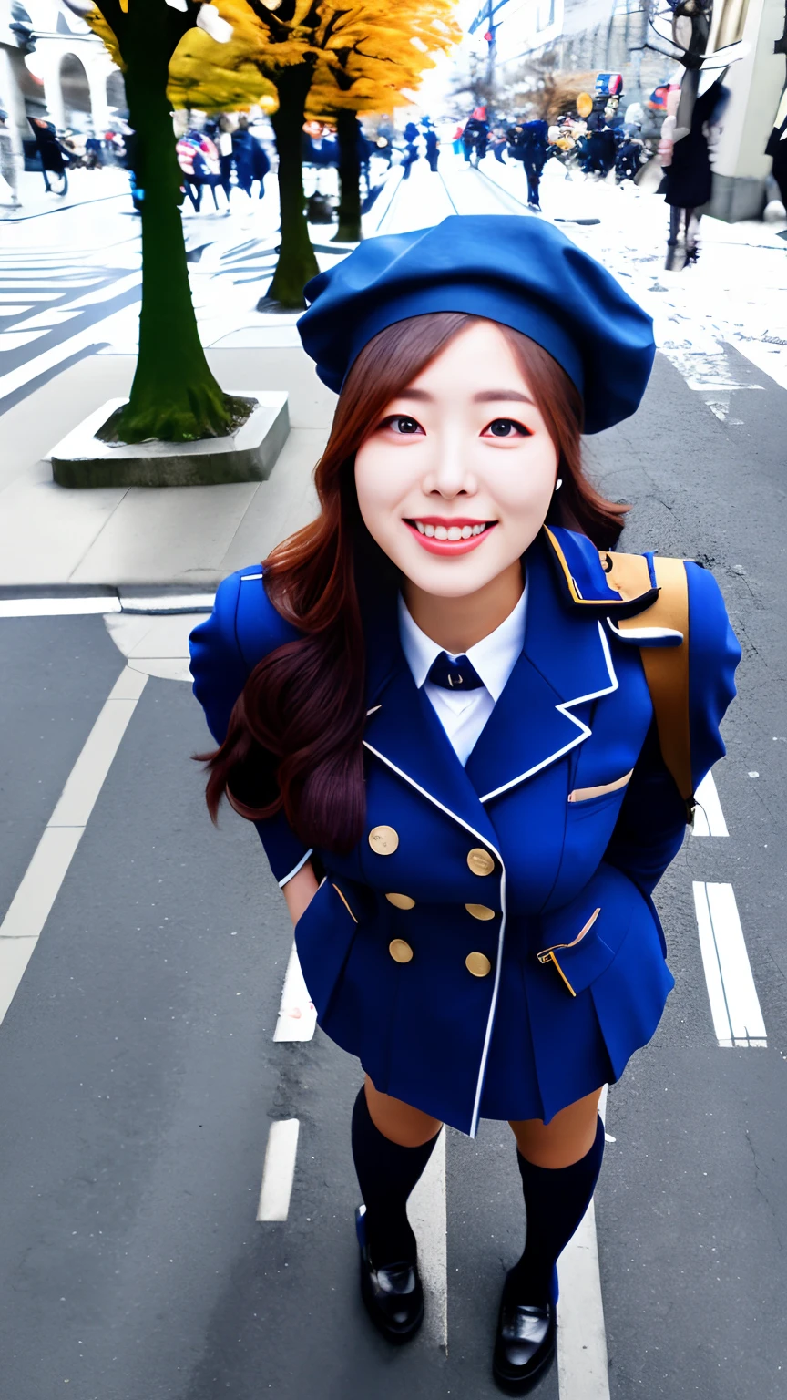 Raw photo, Photorealsitic, Full body like, is standing, Beautuful Women, An 18-year-old woman, A smile, hight resolution, super precision, Best Quality, Japan High School Girl Uniform, beret, TOKYOcty, Will, Omotesando, Leaves, Street corner in autumn, blue open sky, 1girl in, knee sox, show window, Pull the camera, street shot, Blue coat, Far