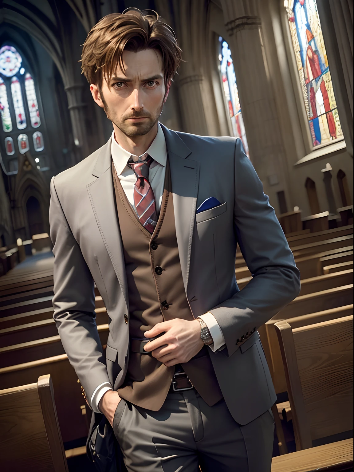 35 year old man, David Tennant, unshaven, red-rimmed eyes, scruffy rumpled grey suit, loose tie, shoulder holster, sneaking in cathedral, stained glass window, church pews