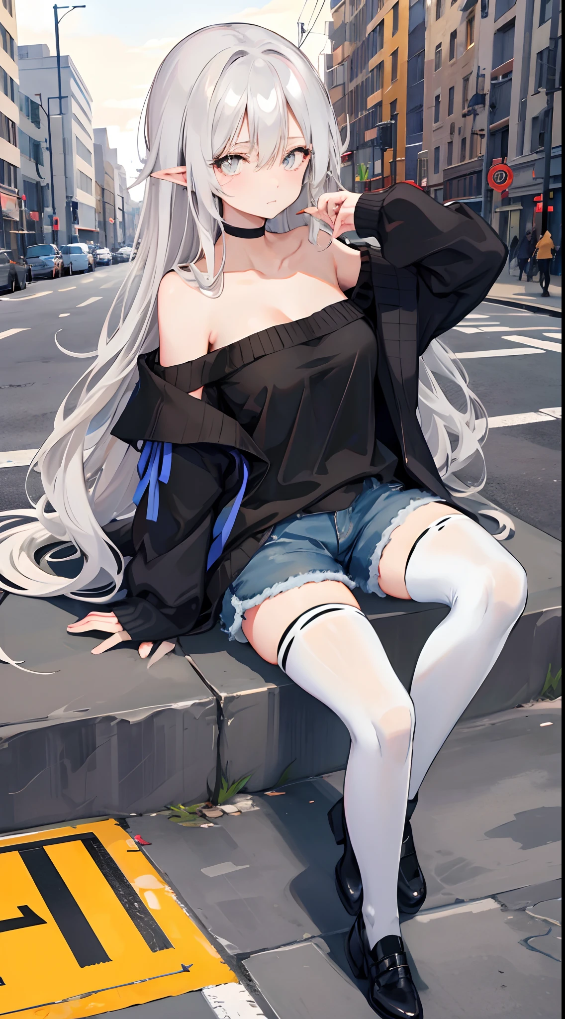 large breasts, 1girl, solo,long hair, sweater, off-shoulder sweater, sitting, off shoulder, looking at viewer, collarbone, blush, bare shoulders, choker, outdoors, bangs, closed mouth, black choker, long sleeves, pantyhose, thighhighs, shorts, knees up, grey sweater, black pantyhose, hair between eyes, black footwear, street, black thighhighs, crosswalk, road, very long hair,