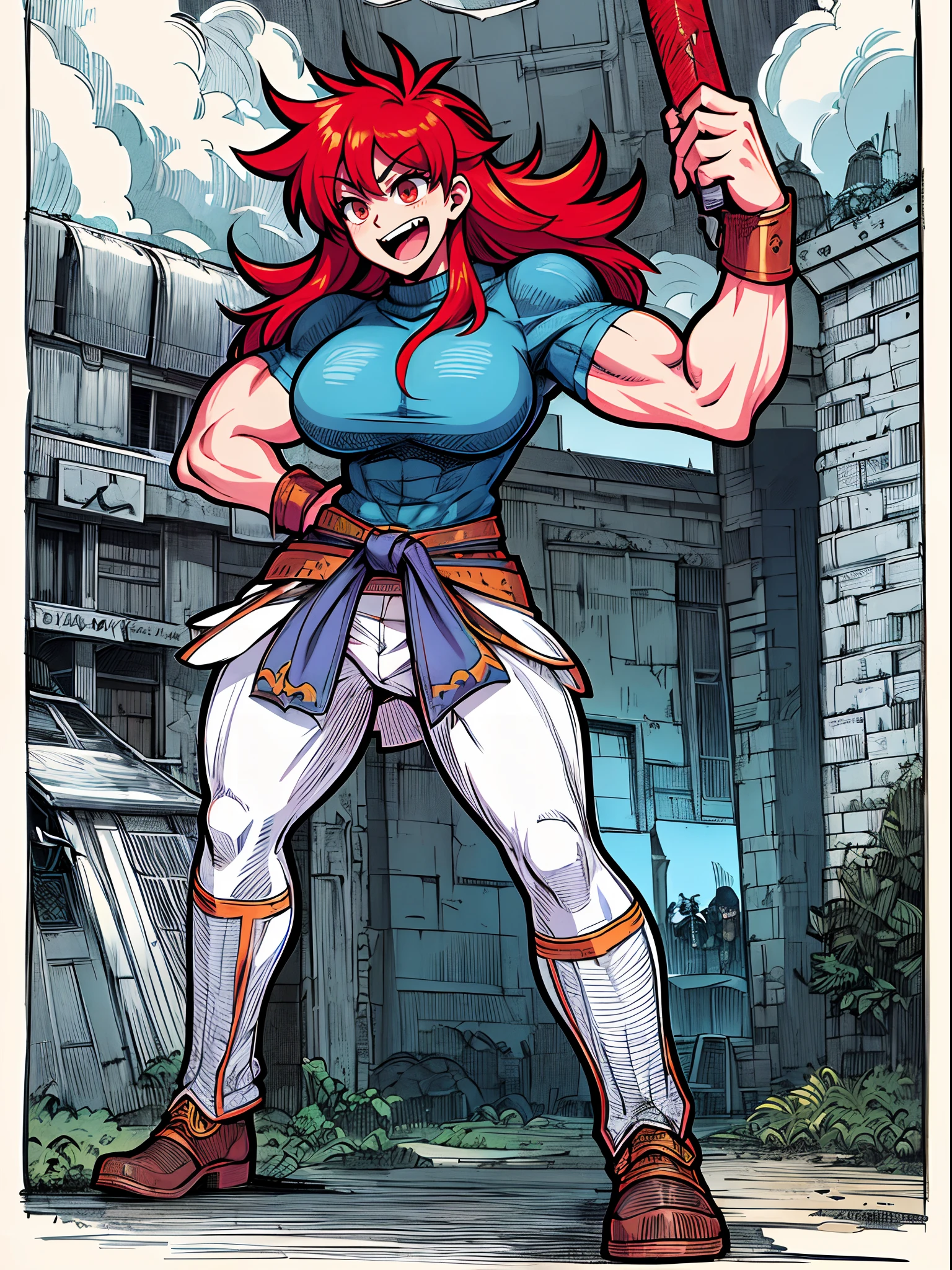 tomboy, warrior, berserker, tall female, muscular female, living hair, sauvage,, medieval clothing, fantasy, fantasy weapon, huge breasts, barbarian pants, , combat boots, armor, red hair, crazy smile, open mouth, biceps, necktie, thick arms,pullover, solo focus, long hair, , crazy smile