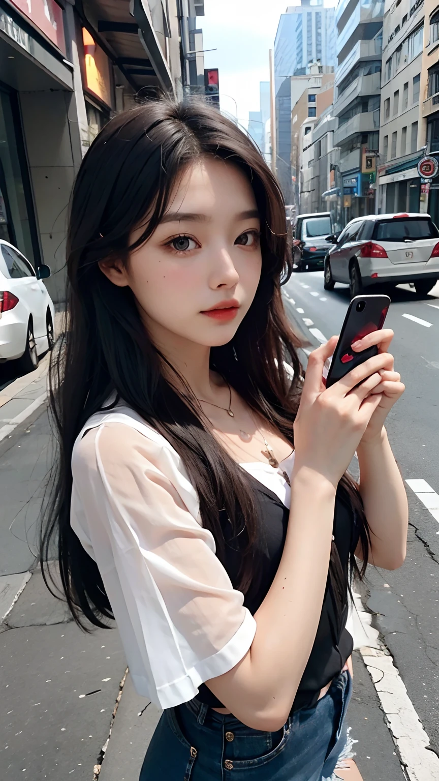 beautiful woman, fiddling with her phone in the middle of the street, long-haired, dark-haired,