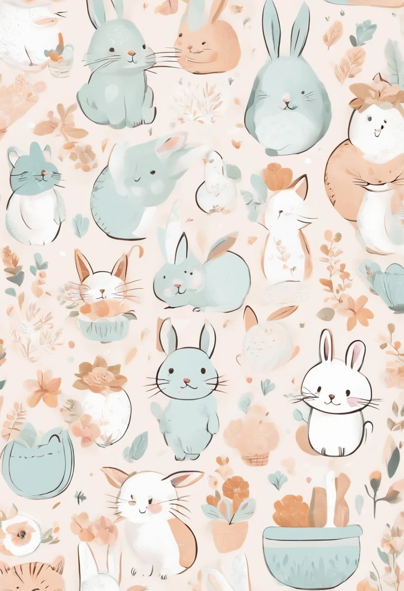 Pegatinas, Conejitos lindos, Fondos simples,, Sticker, Lovely, Pastel, Hand-Drawn, Contour, Vector, White Background, Detailed