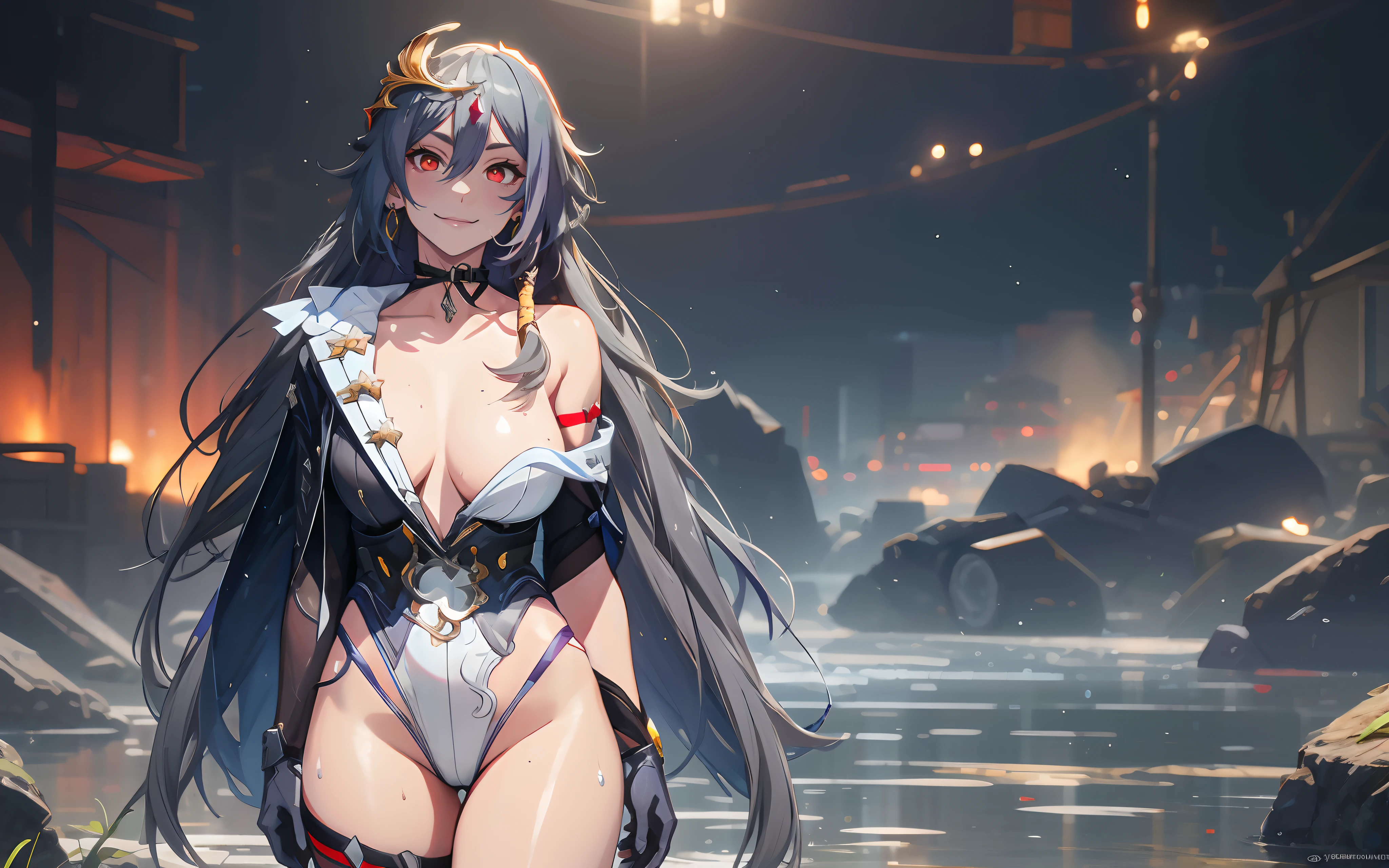 (long hair, hair ornament, grey hair:1.7), multicolored hair, red eyes, glowing eyes, masterpiece, best quality, (highres:1.4), (sagging breasts:1.4), hollow eyes, sweating, smirk, upper teeth, looking at viewer, breasts, 1girl, leotard, looking_at_viewer, bare_shoulders, highleg, highleg_leotard, gloves, large_breasts, solo, wet, glow effects, godrays, Hand drawn, render, 8k, octane render, cinema 4d, blender, dark, atmospheric 4k ultra detailed, cinematic, Sharp focus, big depth of field, Masterpiece, colors, 3d octane render, 4k, concept art, trending on artstation, hyperrealistic, Vivid colors, extremely detailed CG unity 8k wallpaper, trending on CGSociety, Intricate, High Detail, dramatic,