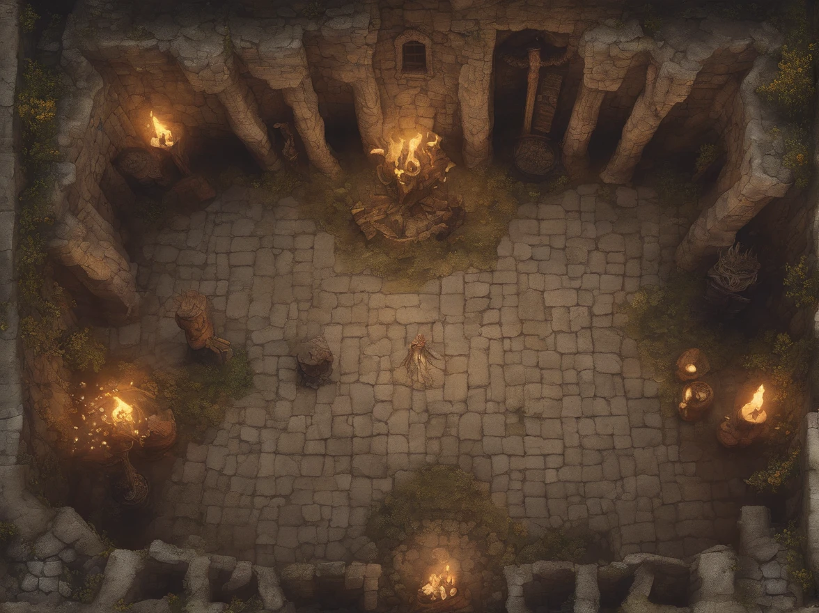 birdseye straight top-down shot from a drone, battlemap of a underground science prison, (massive dark magical roots sprouting from west:1.2), (black necrotic magic in the air:1.2), fire ice and thunder, dungeons and dragons, final fantasy, game art, (coherent architecture and interior, with realistic proportions and textures, intricate details, handdrawn, vibrant, cinematic lighting, masterpiece, 8k:1.2)