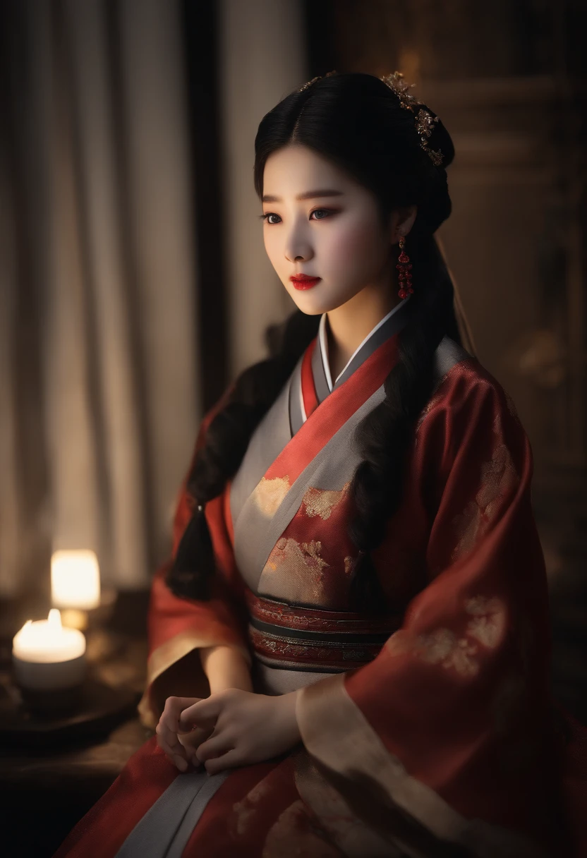 (8K, RAW photo, Best Quality, Masterpiece:1.2), (Realistic, photo-realistic:1.37),1girl, night time, Professional lighting, Photon mapping, radiosity, Korean Doll, Long traditional dress, gray background
