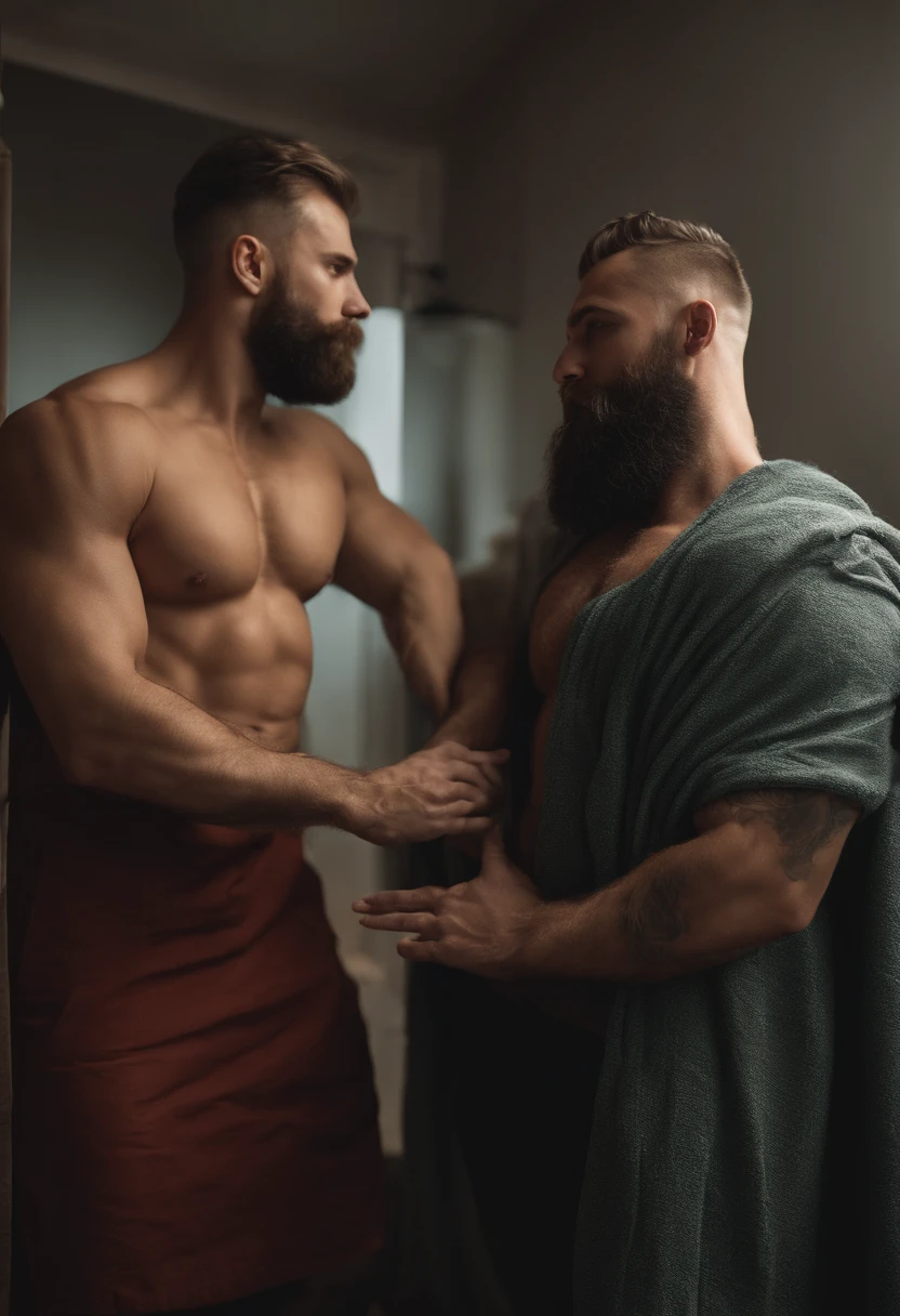 ((2heads)) 30yo Russian, beard, long beard, big beard, big pecs, big biceps, broad shoulders, full body, short hair, Bedroom, shirtless