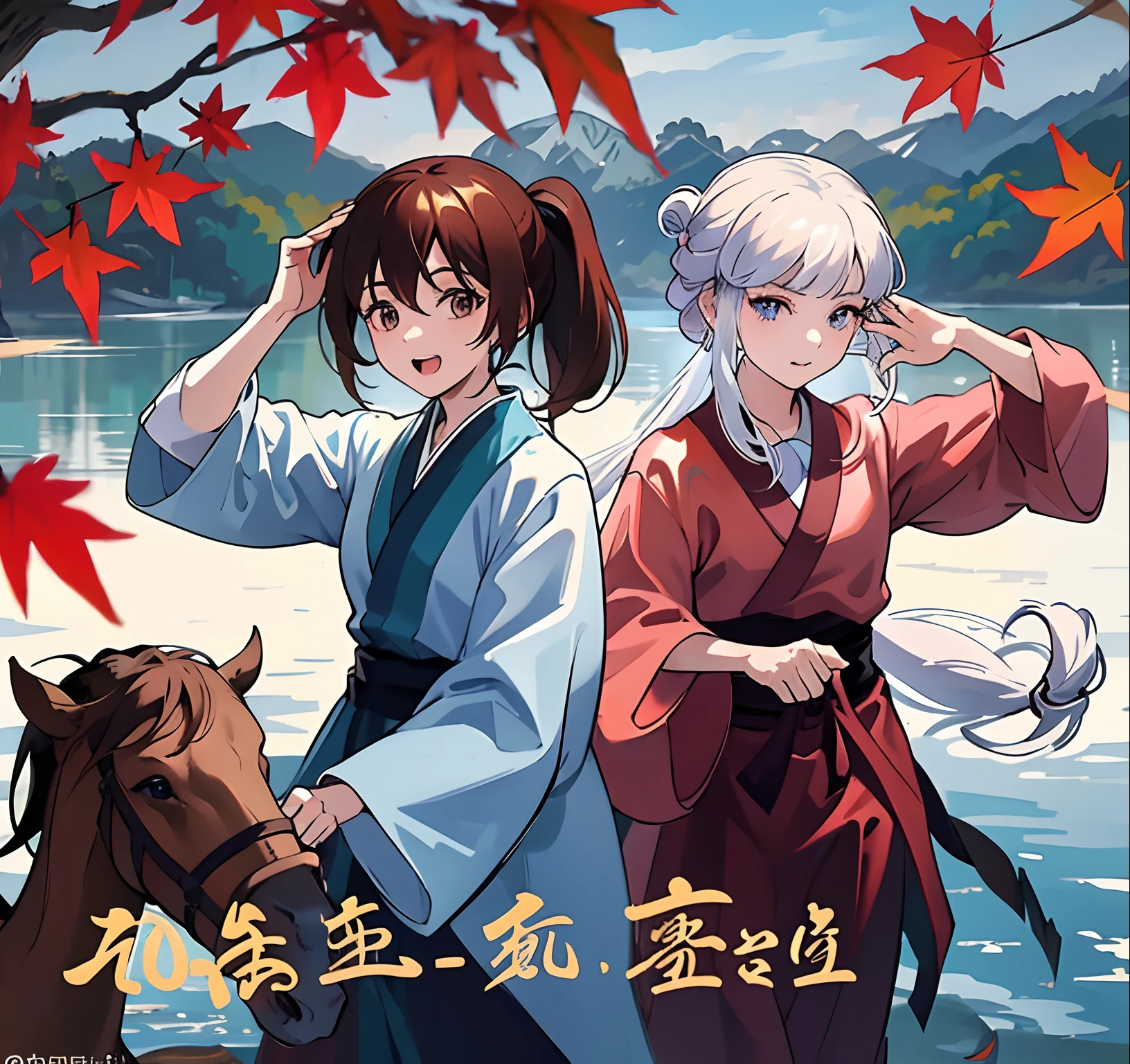 Masterpiece, Best quality, Pisif,
Feng Ling Yuxiu, Brown hair, pony tails, Long hair, 2girls, Multiple girls, Brown eyes, Blue eyes, White hair, leafs, Open mouth, view the viewer, twitter username, Autumn leaves, Smile, side locks