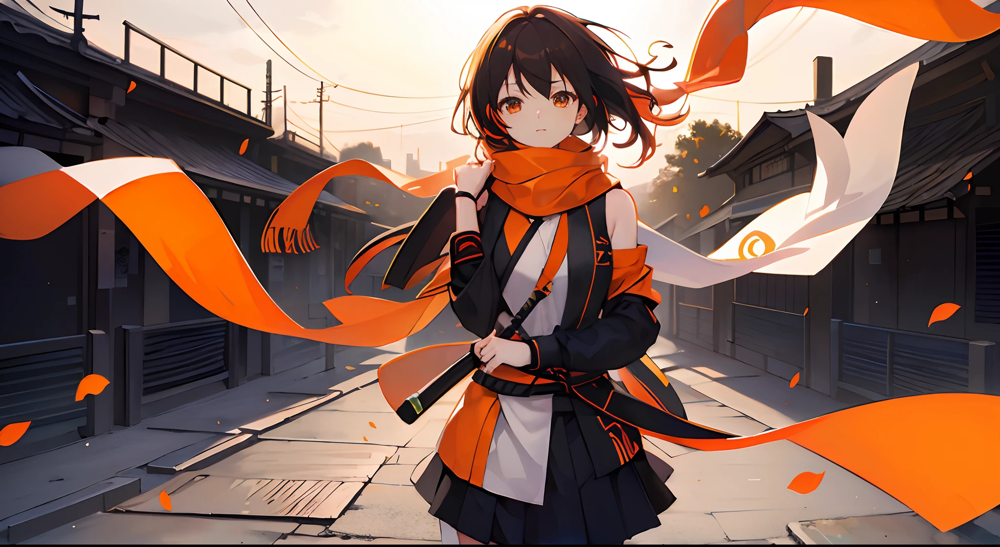 Big logo with the letter R、shinobi、One girl、Flowing in the wind、Orange Long Scarf、A dark-haired、Orange Eyes,PC office scene