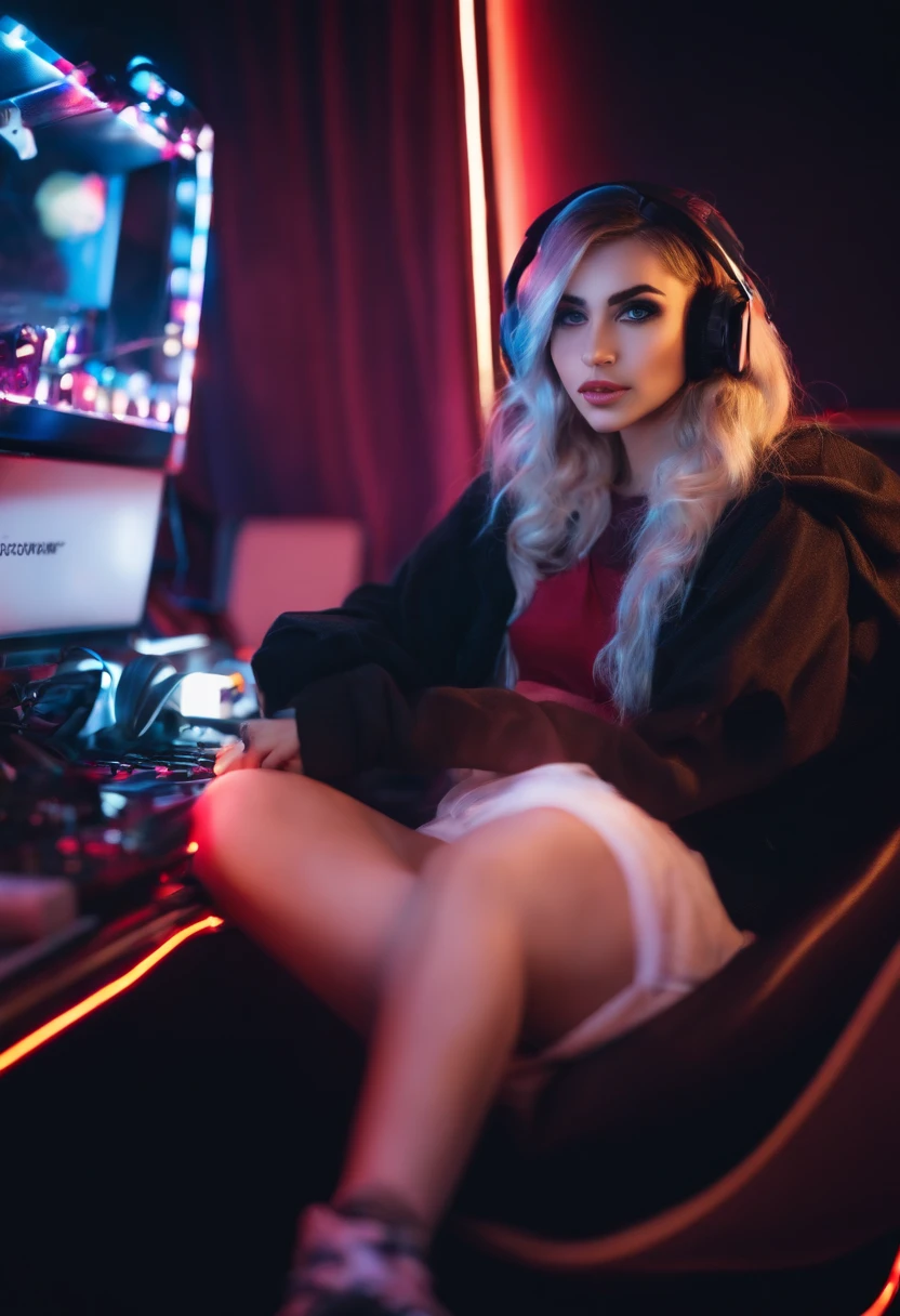 cute young, attractive gamer girl, E-girl with gaming setup and sexy clothes and with LED lights