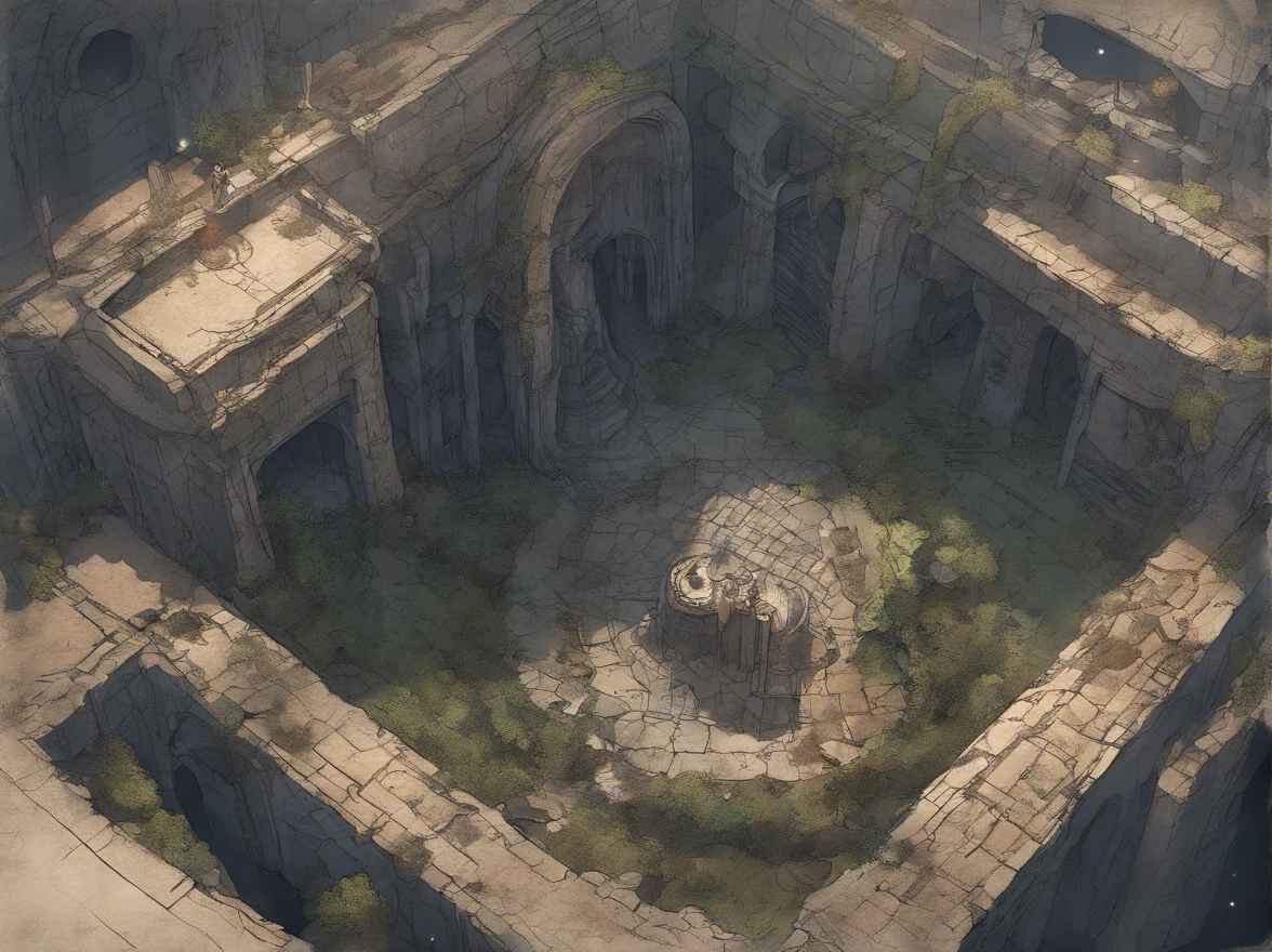birdseye straight top-down shot from a drone, battlemap of a underground science prison, (massive dark magical roots sprouting from west:1.2), (black necrotic magic in the air:1.2), fire ice and thunder, dungeons and dragons, final fantasy, game art, (coherent architecture and interior, with realistic proportions and textures, intricate details, handdrawn, vibrant, cinematic lighting, masterpiece, 8k:1.2)