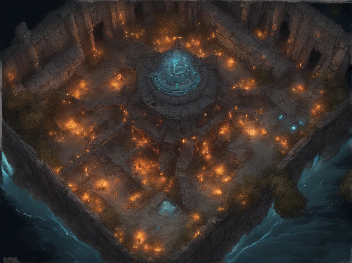 birdseye straight top-down shot from a drone, battlemap of a underground science prison, (massive dark magical roots sprouting from west:1.2), (black necrotic magic in the air:1.2), fire ice and thunder, dungeons and dragons, final fantasy, game art, (coherent architecture and interior, with realistic proportions and textures, intricate details, handdrawn, vibrant, cinematic lighting, masterpiece, 8k:1.2)