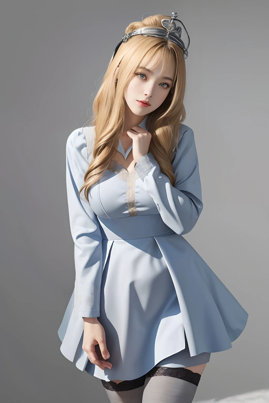 8K,Need,tmasterpiece,high detal,Semi-realistic,hoang lap,bump,1 girl,younger female,Chinese girl,Pouting,19years old,lieutenant,Long blonde hair covered by bangs on his right eye,blue right-eyed,Jewelry Crown,Azure Chinese loli dress,long skirt,Light gray stockings,slimfigure,full-body portraits,akimbo,Blue and gray high heels,Cross your hands at the waist,Kiss,Light gray stockings,Stockings,Sell moe