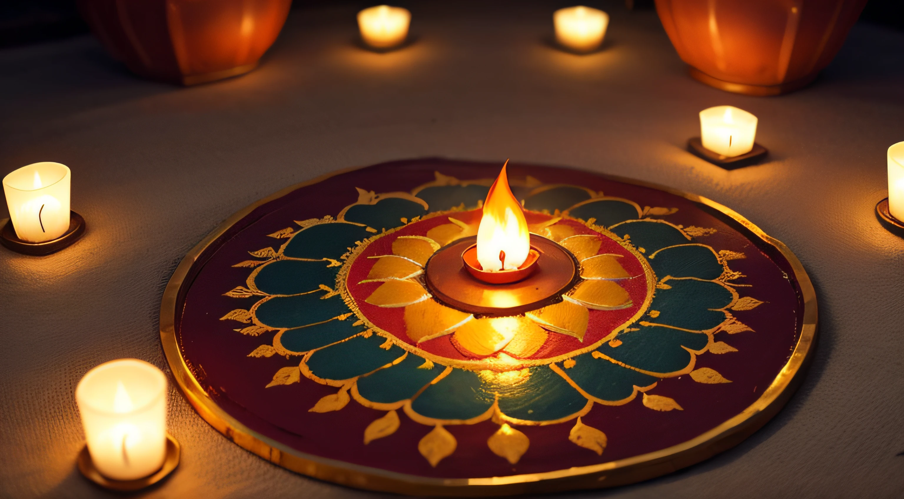 Oil lamps lit on colorful rangoli during diwali celebration