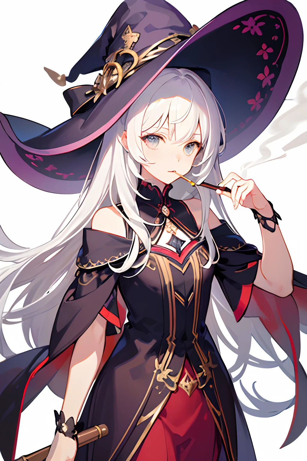 (masterpiece:1.2), best quality,PIXIV, smoking girl,Elaina,white hair,witch hat, 
white simple background,