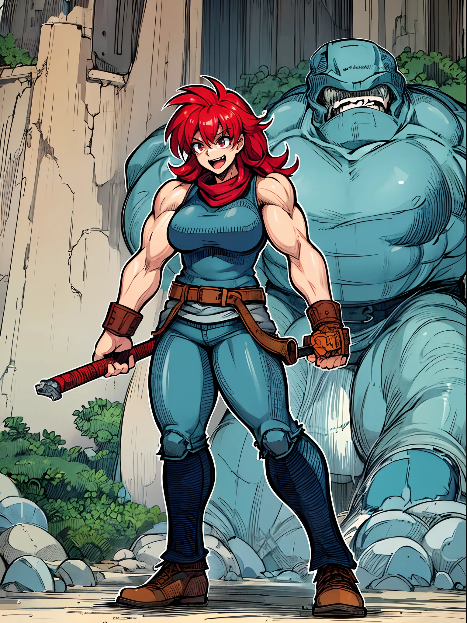 tomboy, warrior, berserker, tall female, muscular female, living hair, sauvage,, medieval clothing, fantasy, fantasy weapon, huge breasts, barbarian pants, , combat boots, armor, red hair, crazy smile, open mouth, biceps, necktie, thick arms,pullover, solo focus, long hair, , crazy smile
